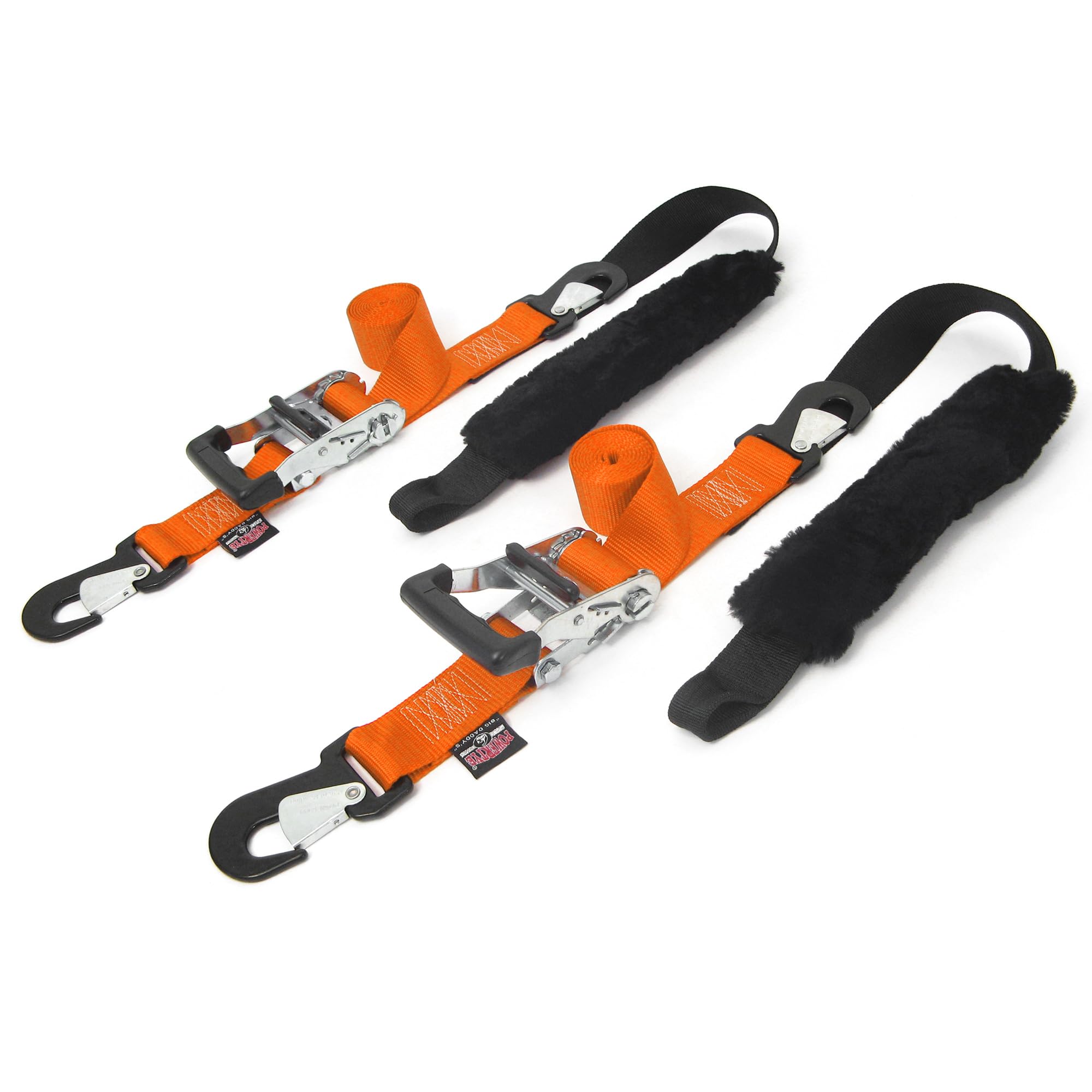 PowerTye 2in x 7ft Big Daddy Ratchet Tie-Downs w/Sheepskin Soft-Tye - Made in USA - 1,500 lb. Working Load Limit / 4,500 lb. Breaking Strength - Orange (Pair)