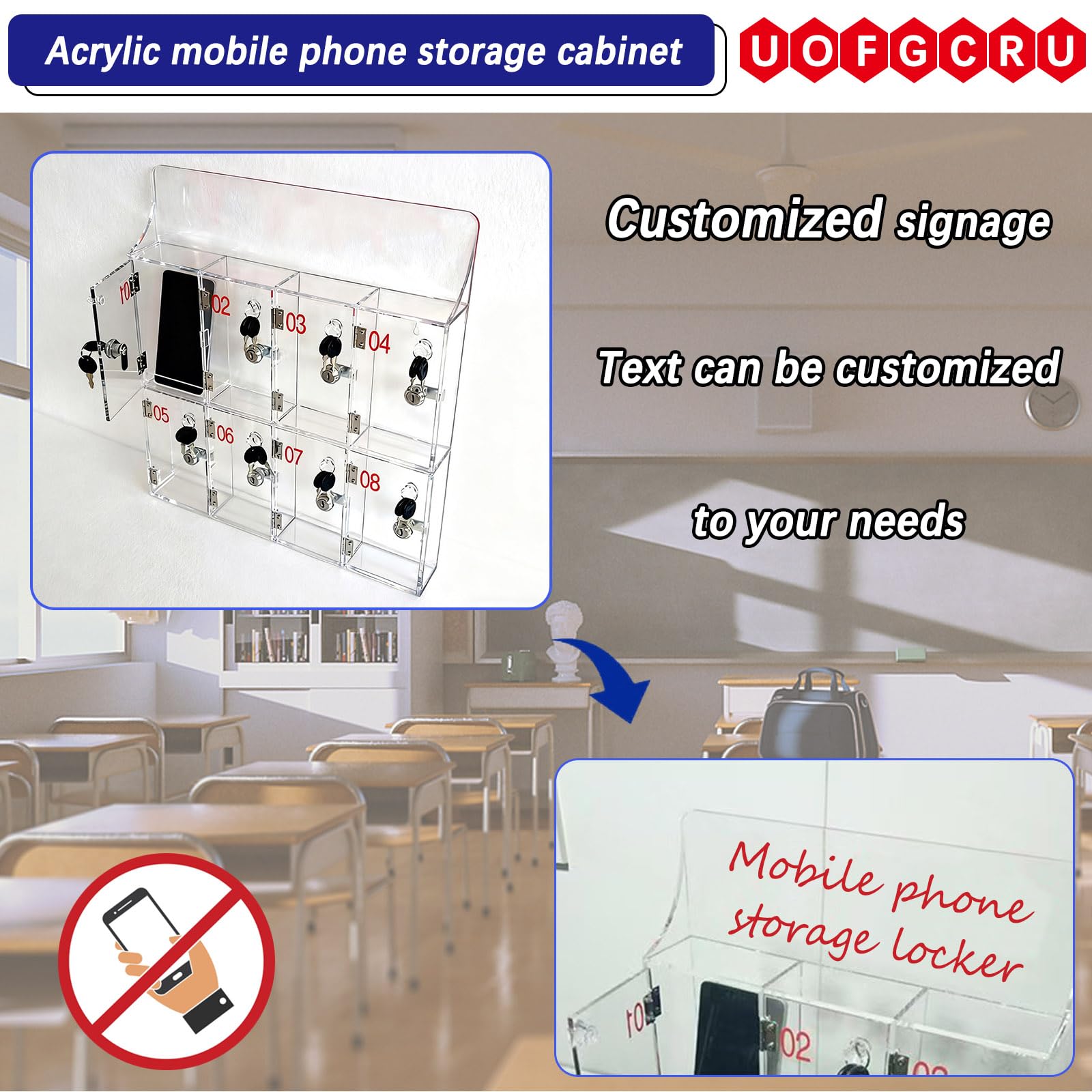 Armadietto per telefono in acrilico trasparente con serratura a 4 scomparti, per forniture per ufficio, scrivania sicura, 42,5 × 7 × 19 cm, ideale per le aziende