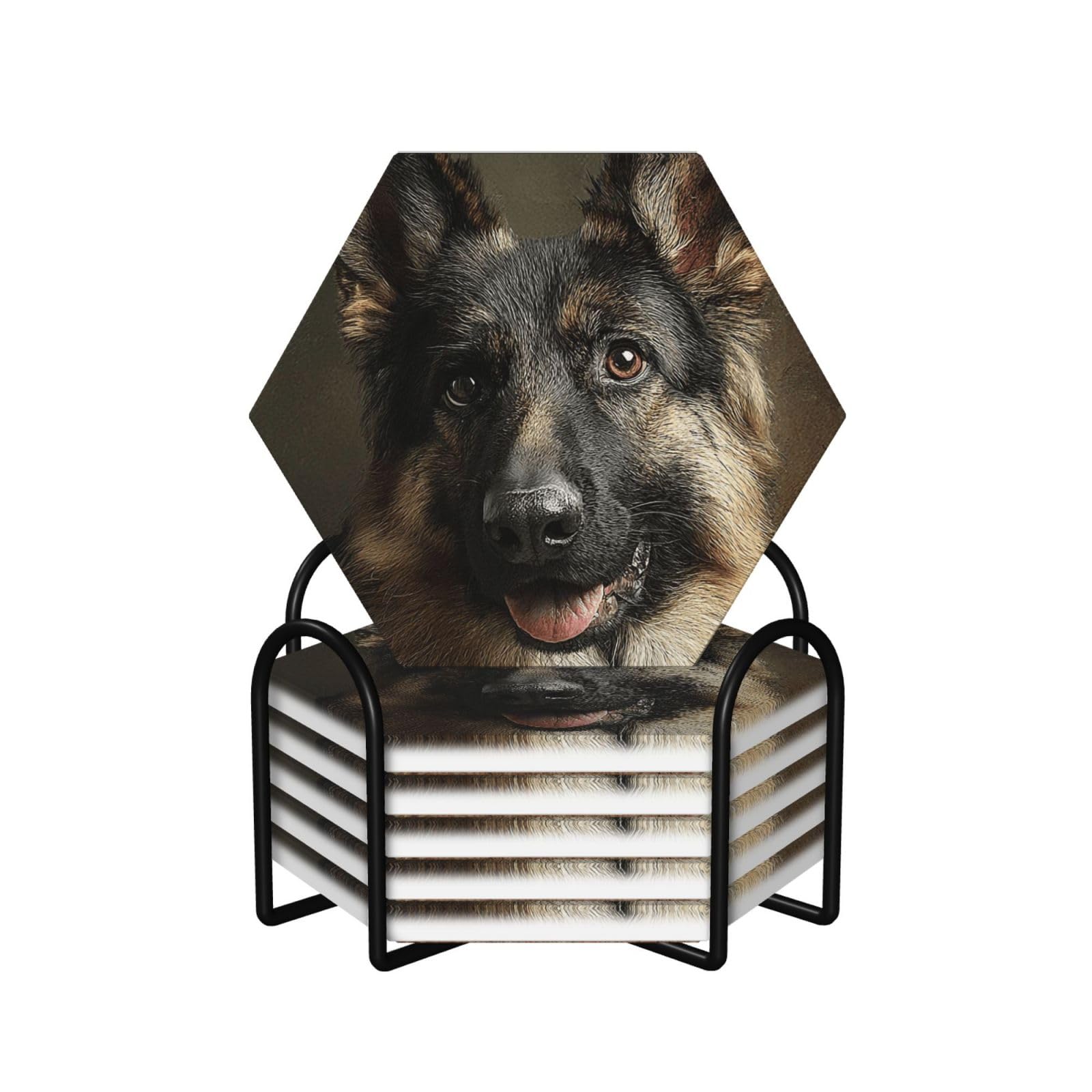 Drink Coasters Set of 6 Non-Slip Ceramic Coasters with Holder German Shepherd Dog Lovers Coasters for Drinks Tabletop Protection Cups Mugs Mat Pads for Coffee Table Bar Home Decor