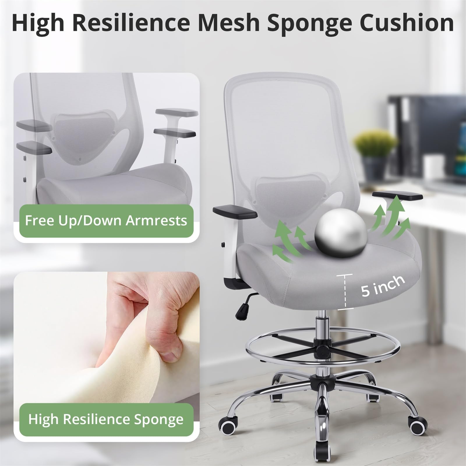 HYLONE 400lbs Drafting Chair,Adjustable High Back Computer Office Chair with Lumbar Support Standing Desk Chair Heavy Duty Big Tall Drafting Stool for Artists with Adjustable Footrest