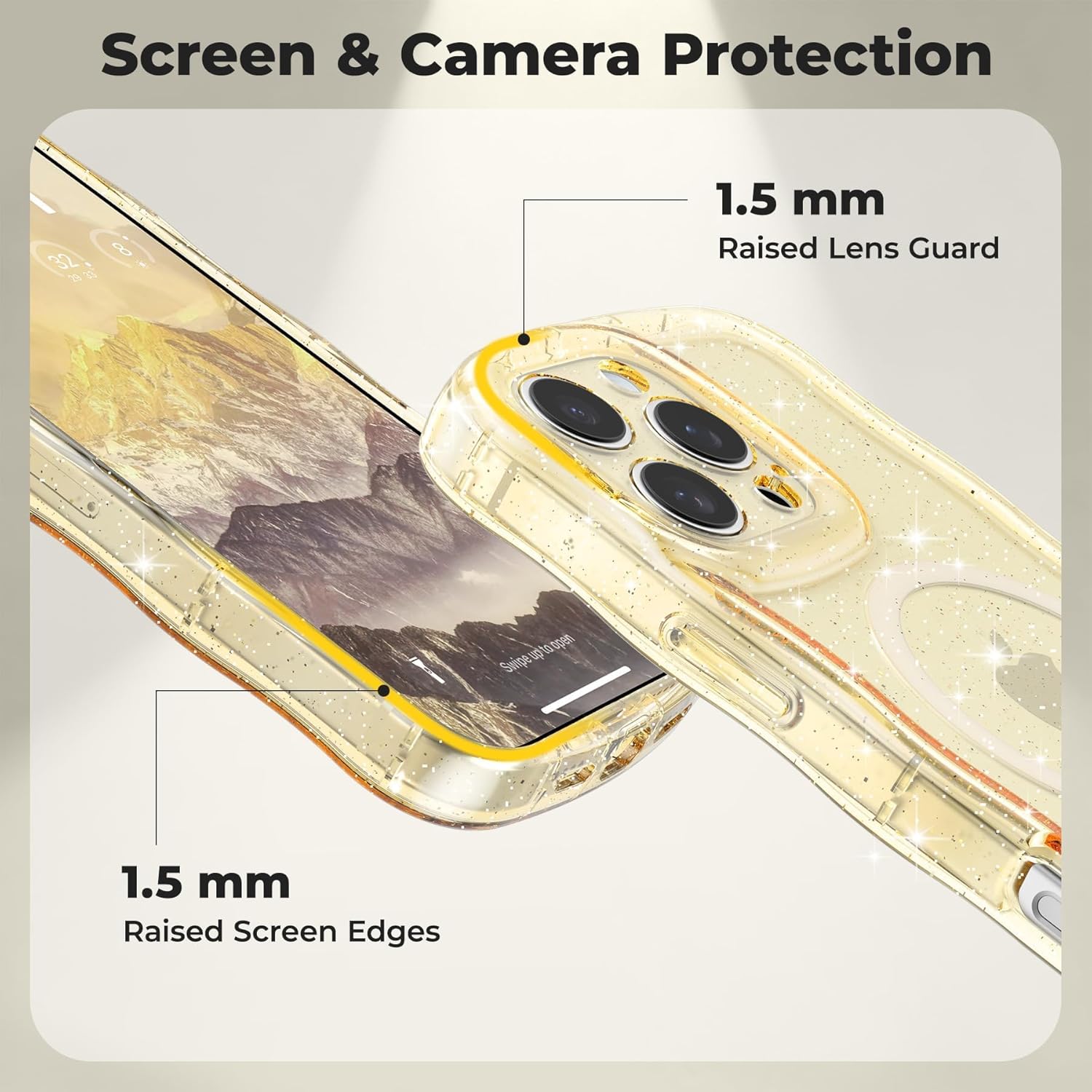 FABSPARK Case for iPhone 14 Pro,Compatible with MagSafe,Magnetic Clear Curly Wavy Frame Wave Case with Sparkly Bling Glitter,Transparent Acrylic Hard PC for iPhone 14 Pro,Glitter Clear Yellow - Image 5