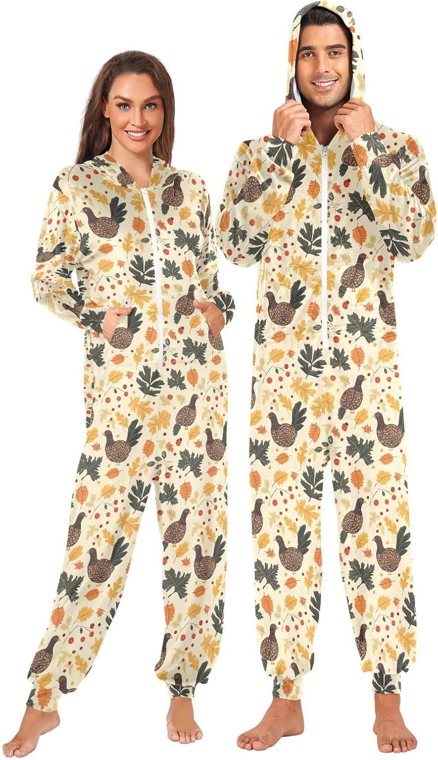 Fall Leave Thanksgiving Day Zipper Hooded Adult Jumpsuit Pajamas with Pockets XS-3XL