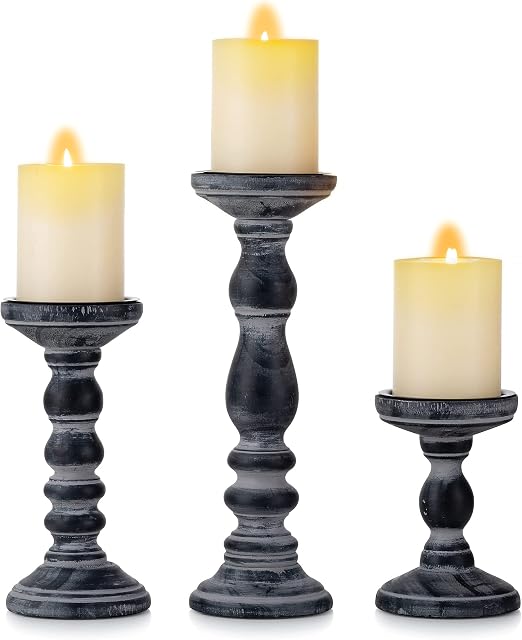Inweder Wooden Candle Holders Pillar - Set of 3 Wood Candlestick Holders Rustic Candle Holder Set Distressed Black Pillar Holders Tealight Holders for Wedding Table Centrepieces Farmhouse Home Decor