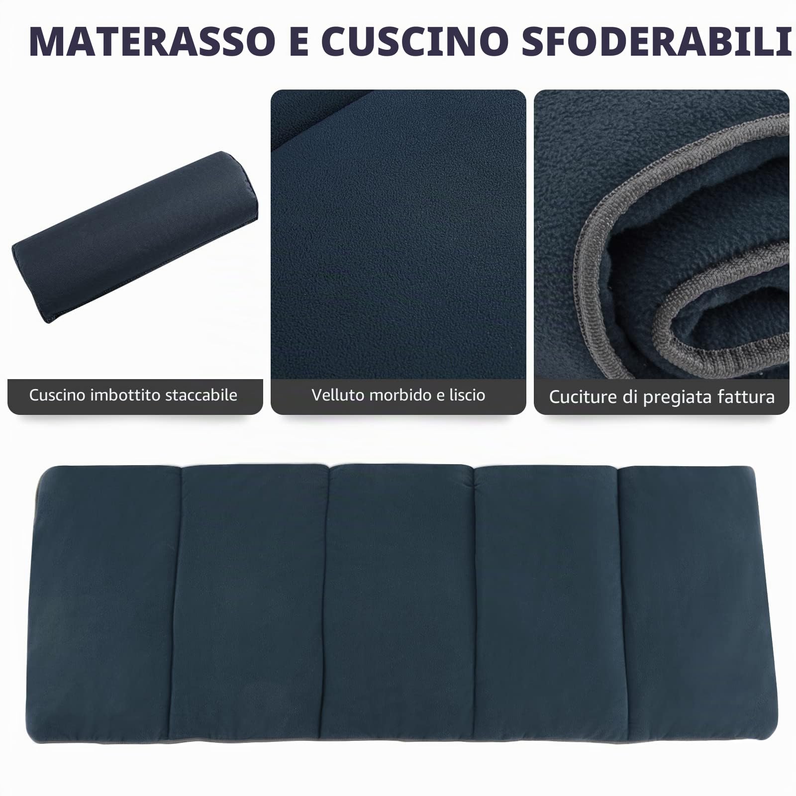 KOMFOTTEU Lettino da campeggio pieghevole 190 x 67 x 50 cm, letto da campeggio con materasso rimovibile e cuscino, lettino da campeggio con borsa per il trasporto, antiscivolo, campeggio, viaggi,