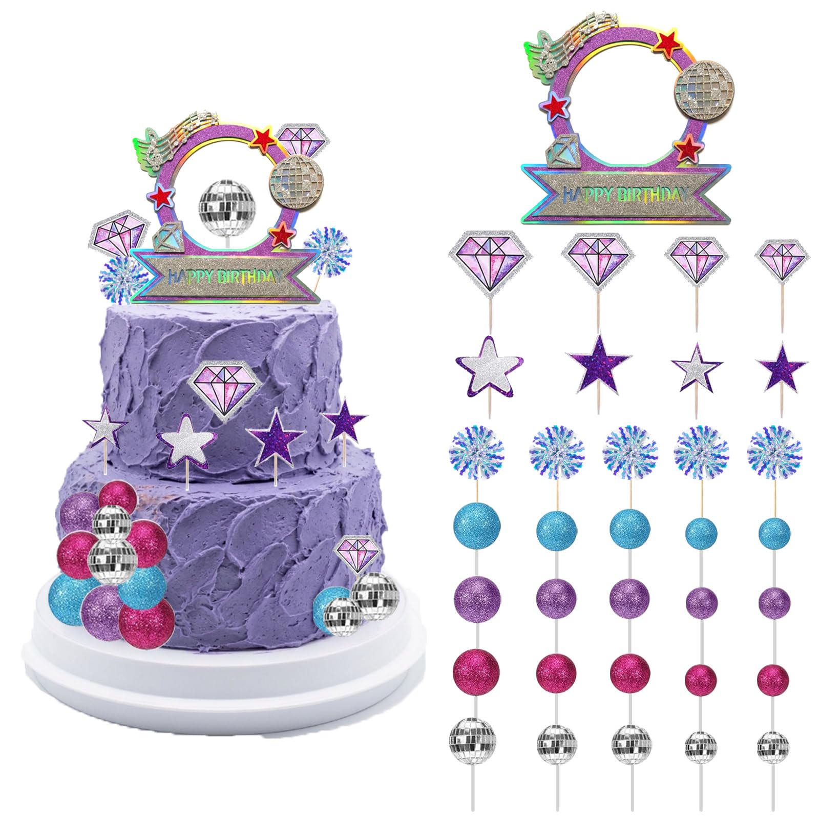 Photo 1 of 32Pcs Karaoke Music Cake Topper Decorations, Popular Singer Disco Ball Cake Toppers, Music Theme Birthday Party Decoration Supplies