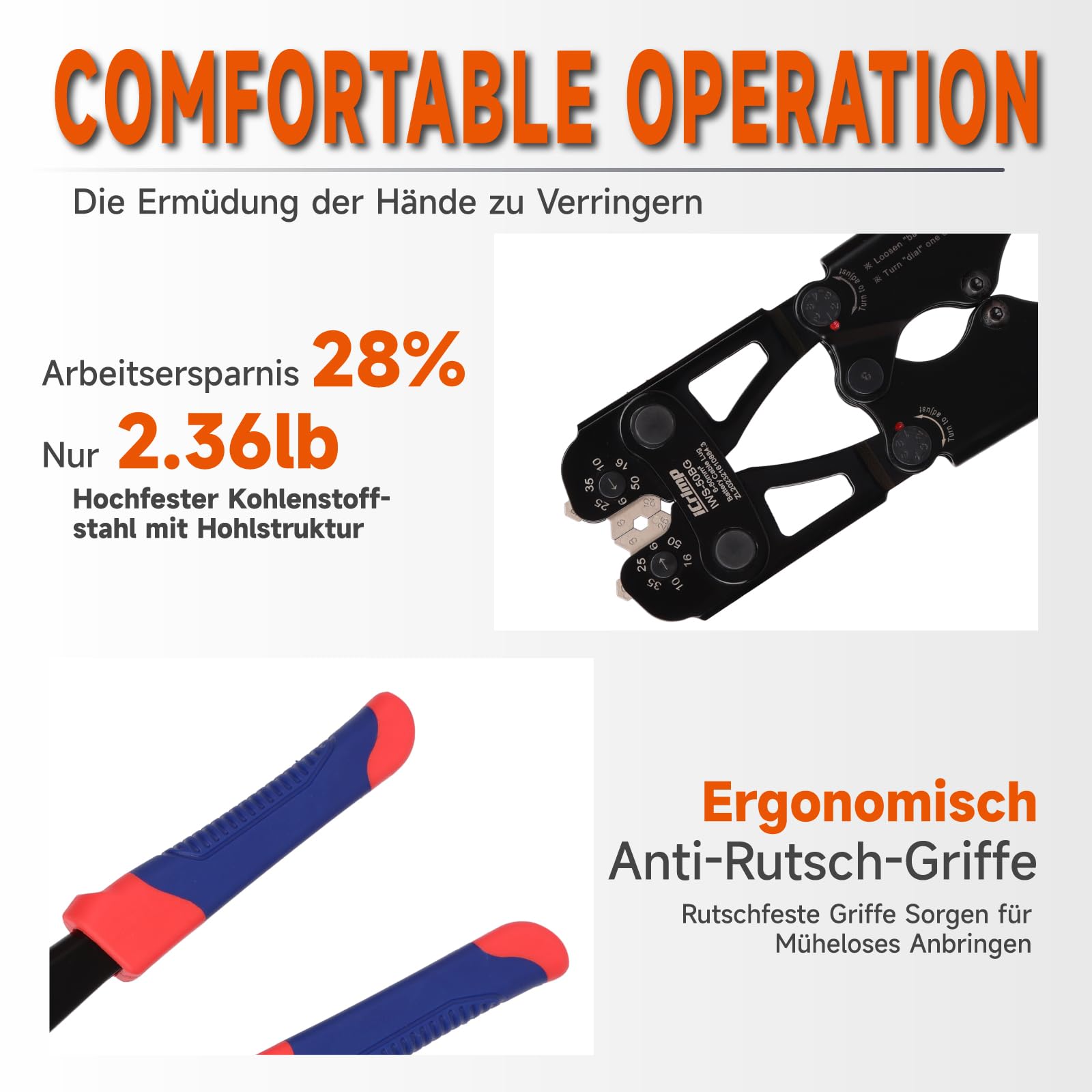 iCrimp Batteriekabelschuh Crimpzange 6–50 mm² mit Schnellwechselbacken | Kabelschuh Crimpzange mit einhändig wechselbaren Backen für Kupferkabelschuhe, Rohrkabelschuhe und Flachstecker