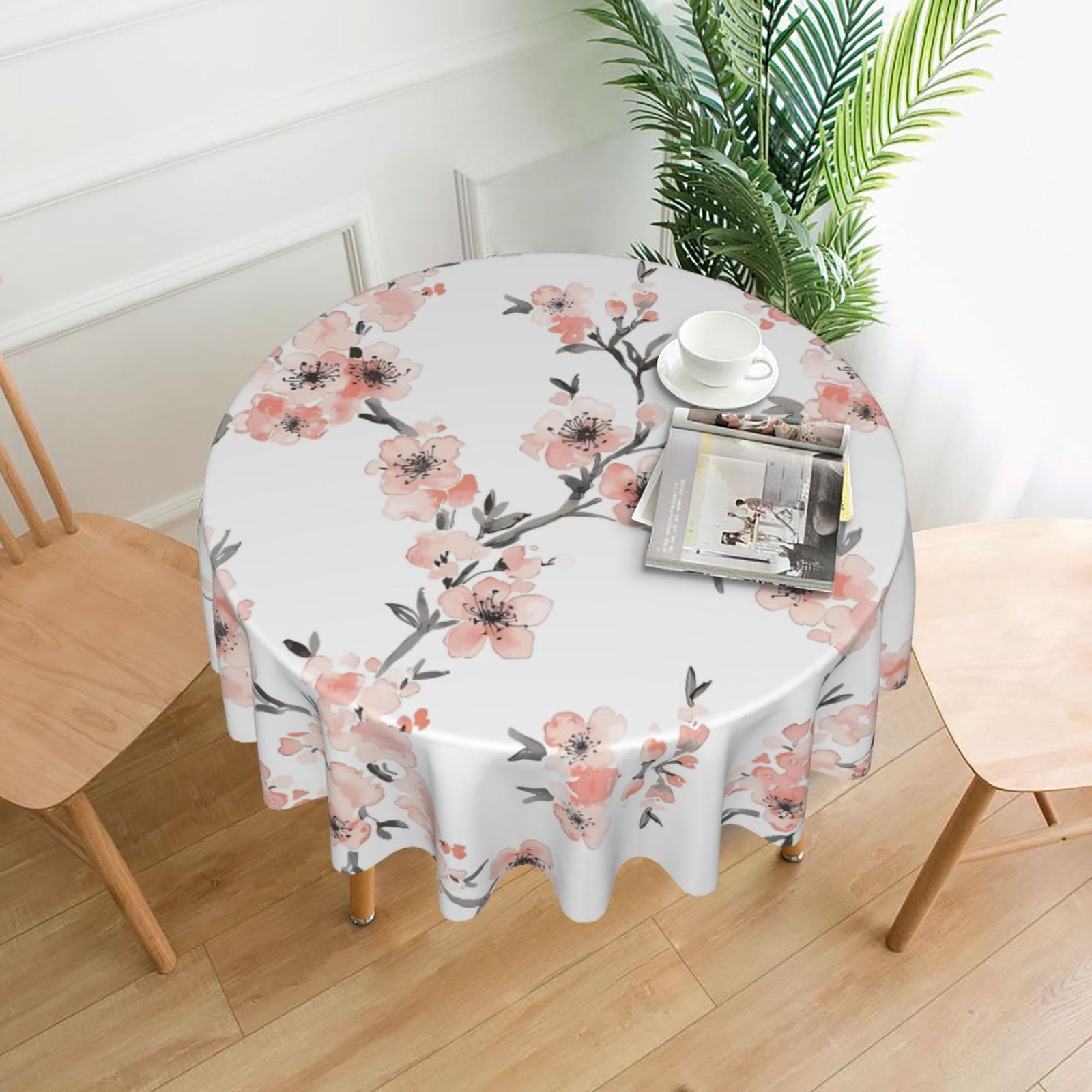 HJFCZH Light Coral Cherry Blossom Prints Round Decorative Tablecloth 60in - High-Grade Polyester Throw for Dinners, Weddings & Everyday Use