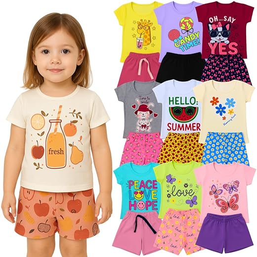 Kit 6 Peças Infantil Menina Verão Conjuntos Blusa e Short em Algodão, Roupas Leves e Confortáveis, Moda Infantil Feminina, Looks Casuais e Coloridos 1 a 8 Anos