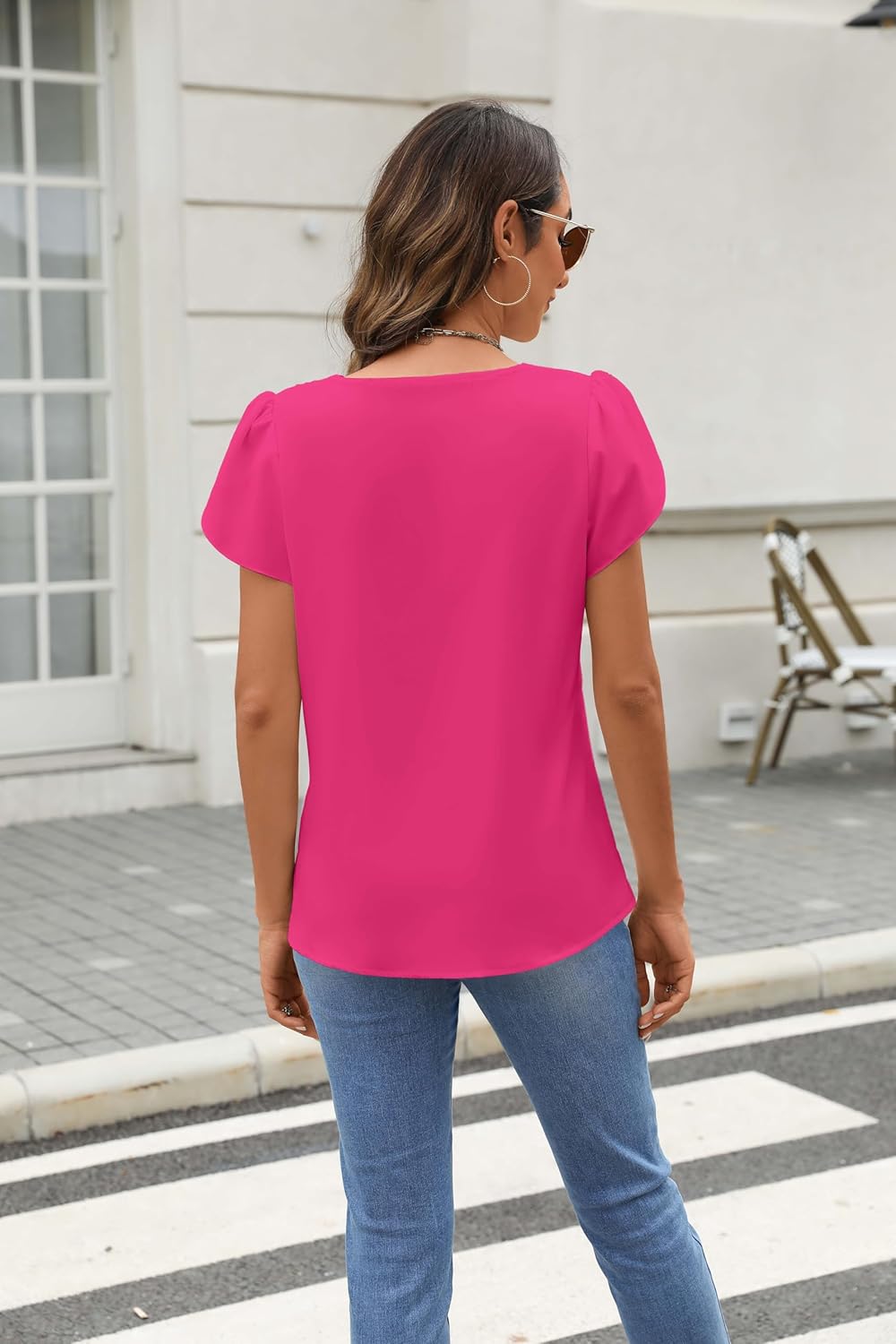 Fayenne Womens Tops Dressy Casual V Neck Ruffle Short Sleeve Blouse Business Casual Tops Chiffon Flowy Shirt Cute Summer Tops - Image 5