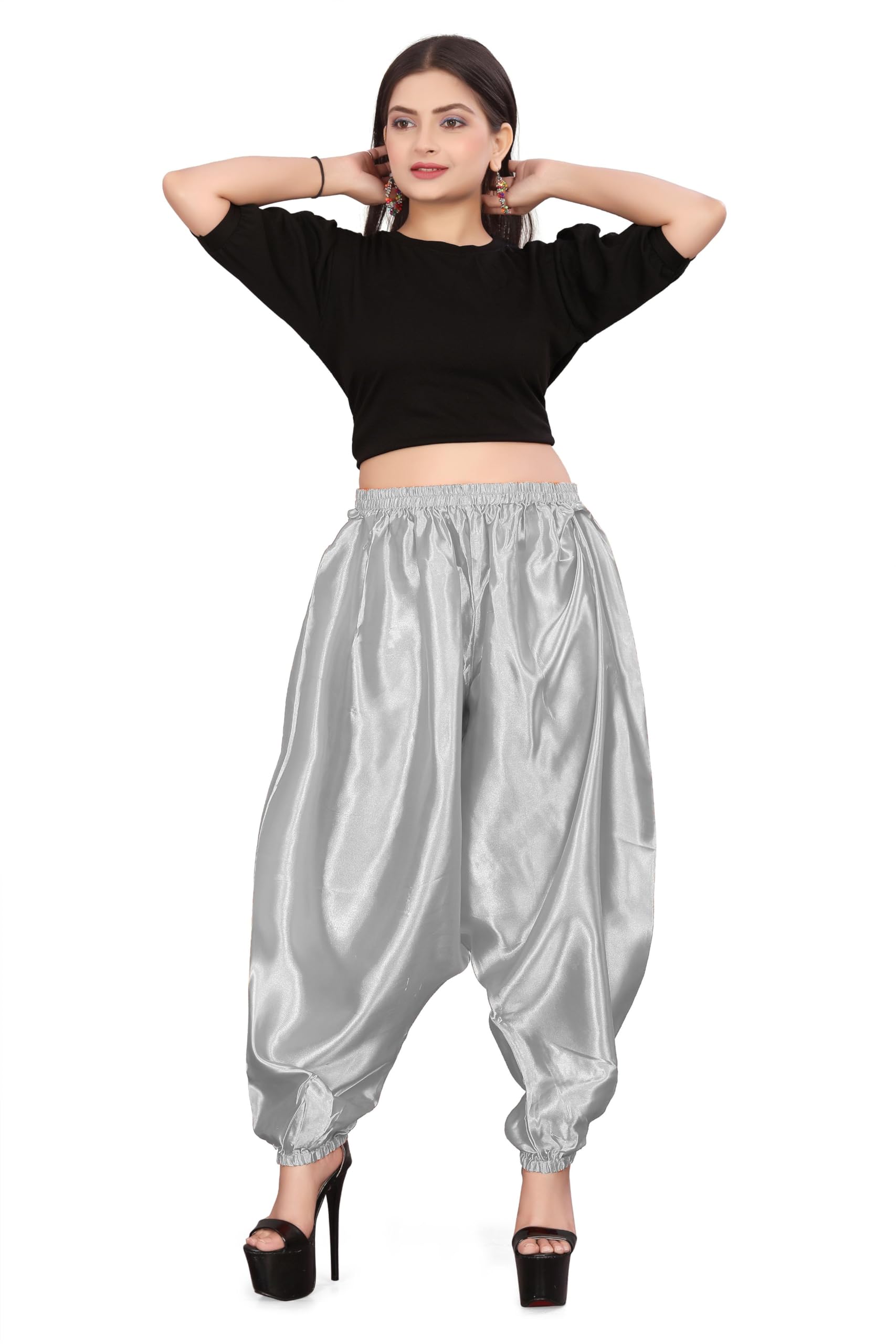 MEEK MERCERY BY KF Satin Belly Dance Harem Boohoo Pant – Elastic Waist, S to 5XL – 41 Colours – Flowing Performance Costume for Stage, Bollywood, Cosplay, Festival & Lounge Wear Silver