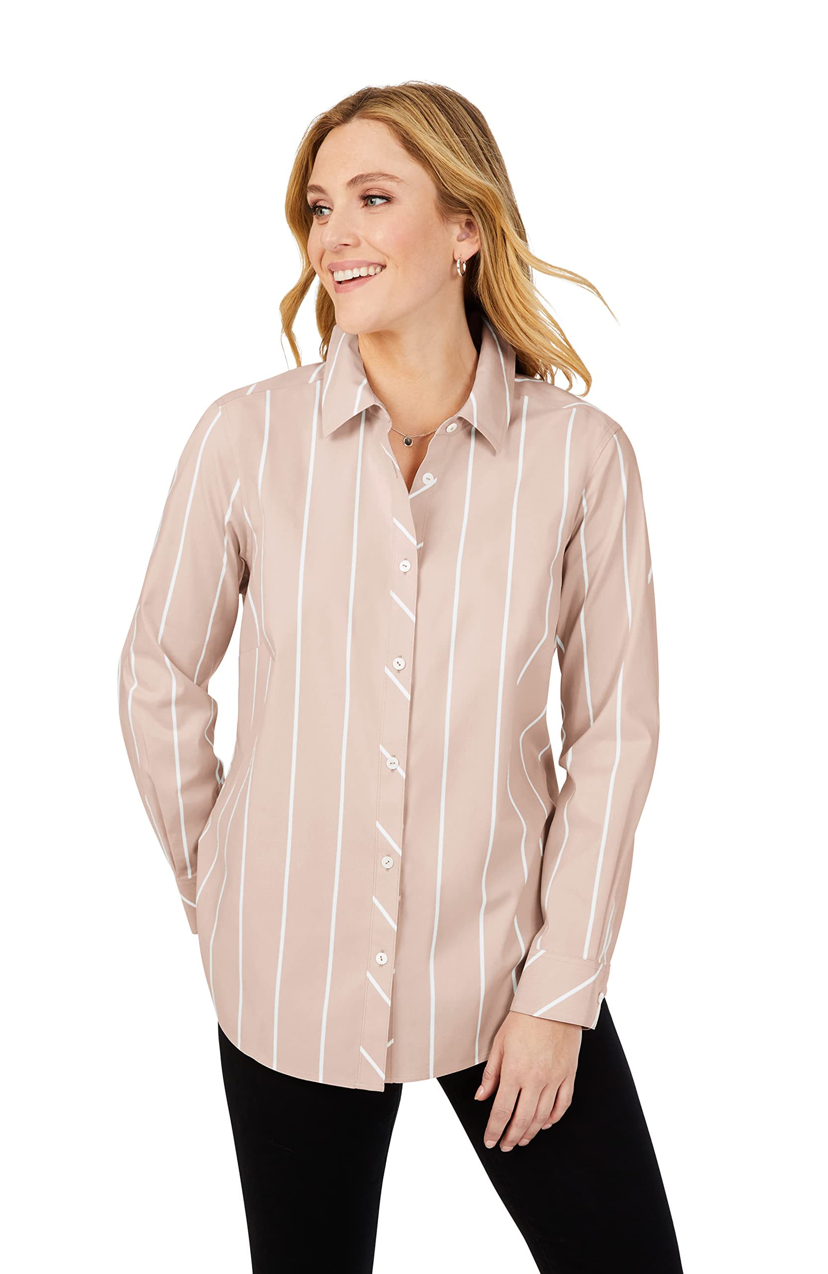 Foxcroftwomens Ava Long Sleeve Simply Stripe Blouse Button Down Shirt