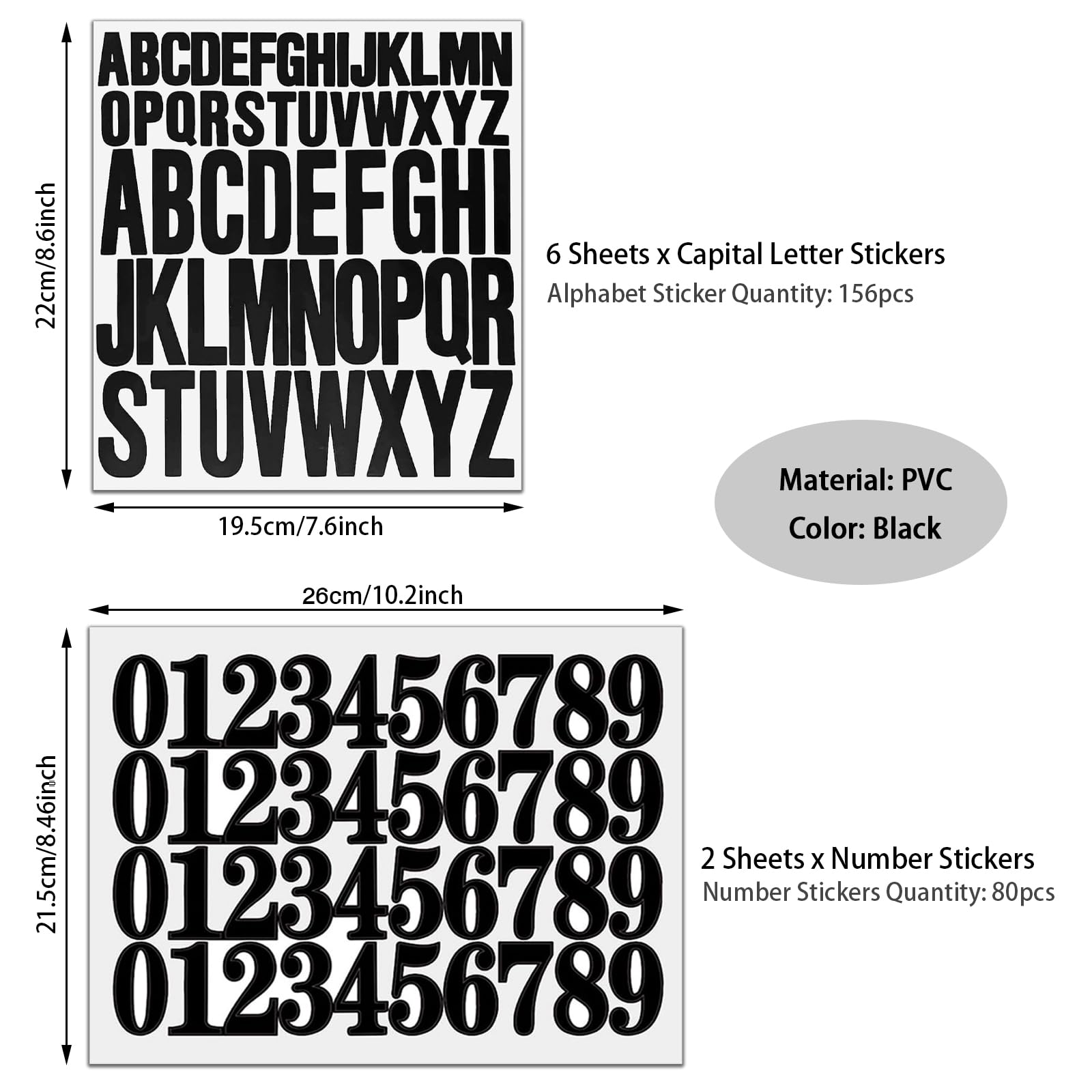 Set di 8 fogli di adesivi con lettere maiuscole e numeri autoadesivi da 2,5 cm e 5,1 cm, impermeabili, in vinile, lettere adesive per album di