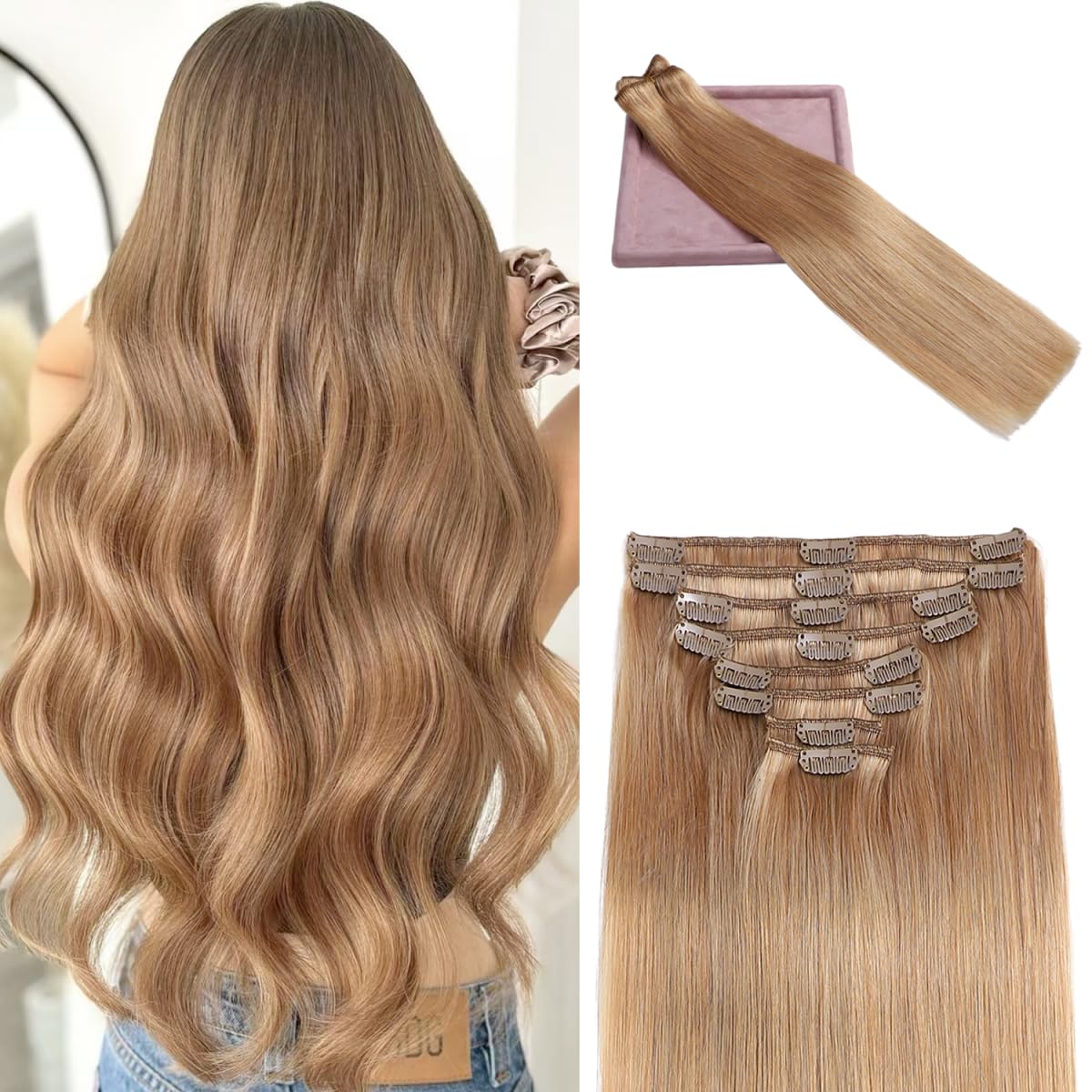 POGINJA Clip in Hair Extensions Real Human Hair, Remy Human Hair Extensions Clip ins for Women, 100% Natural Human Hair, Double Weftm, 22inch 110g 8Pcs, #27 Honey Blonde