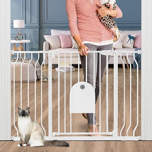 Baby Gate with Cat Door - Auto Close 29.5"-48.4" Safety Metal Dog Pet Gate for Doorway, Stairs, House, Walk Through Child Gate with Pet Door, Includes 4 Wall Cups and 2 Extension Pieces
