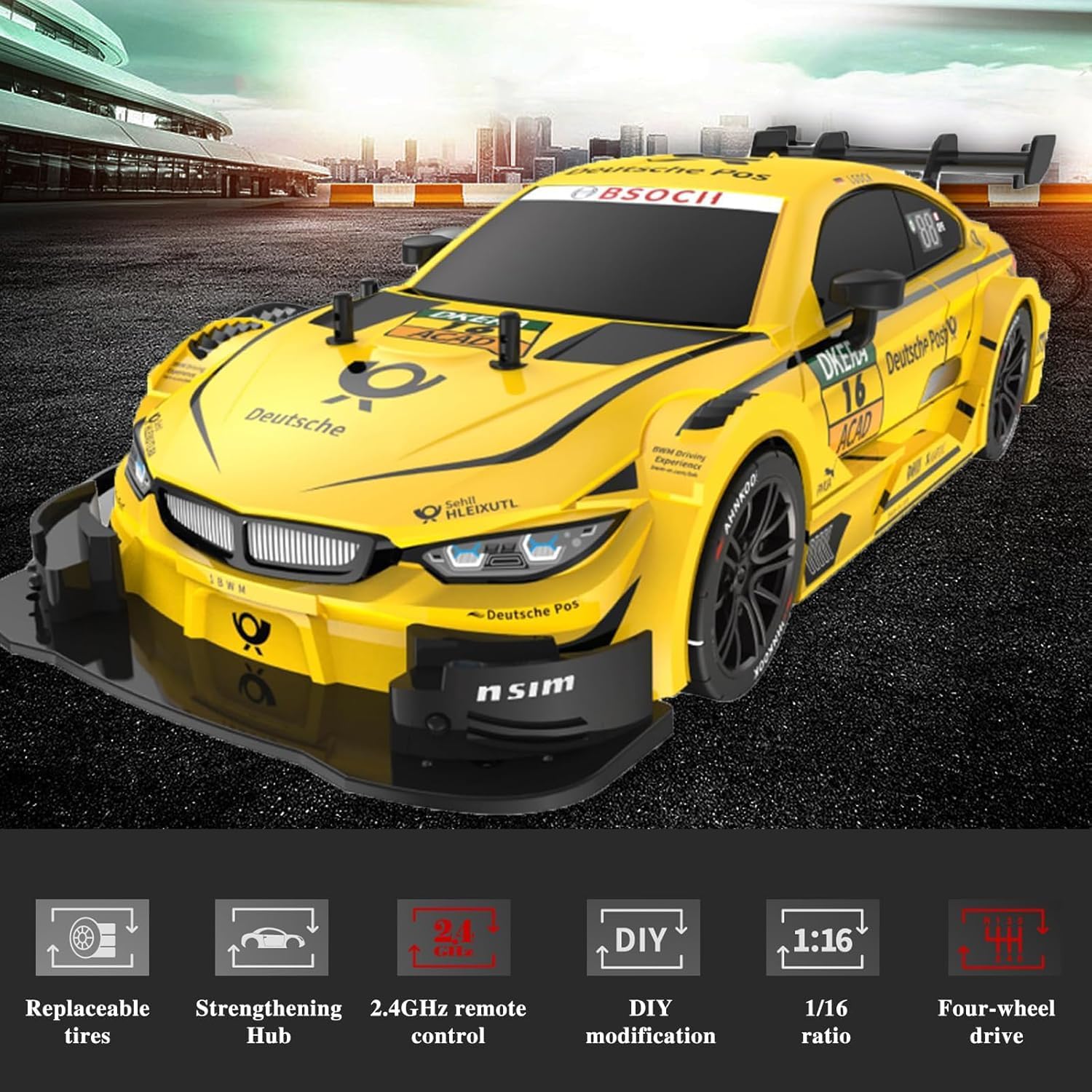 RC Drift Car, 1:16 Scale RC Cars, 2.4GHz 4WD High Speed Remote Control Car, RC Sport Racing Cars with LED Lights, Two Batteries and Drifting Tires for Adults (Yellow)
