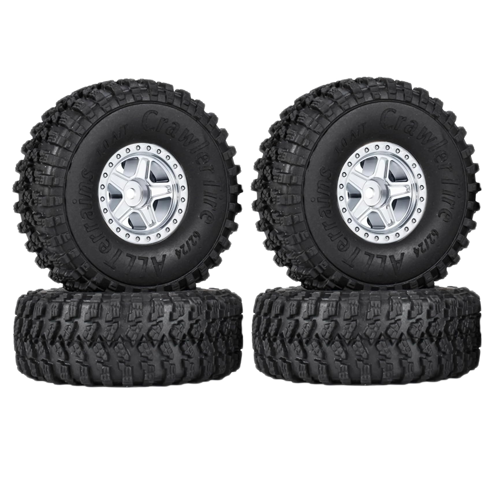 KINGCOO 4PCS 1.0inch Wheel Tires and Plastic 5-Spokes Beadlock Wheel Rim Set for Axial AX24 SCX24 FCX24 TRX4M UTB18 All 1/18 1/24 Scale RC Crawler Car Upgrade Parts Accessories (Silver)