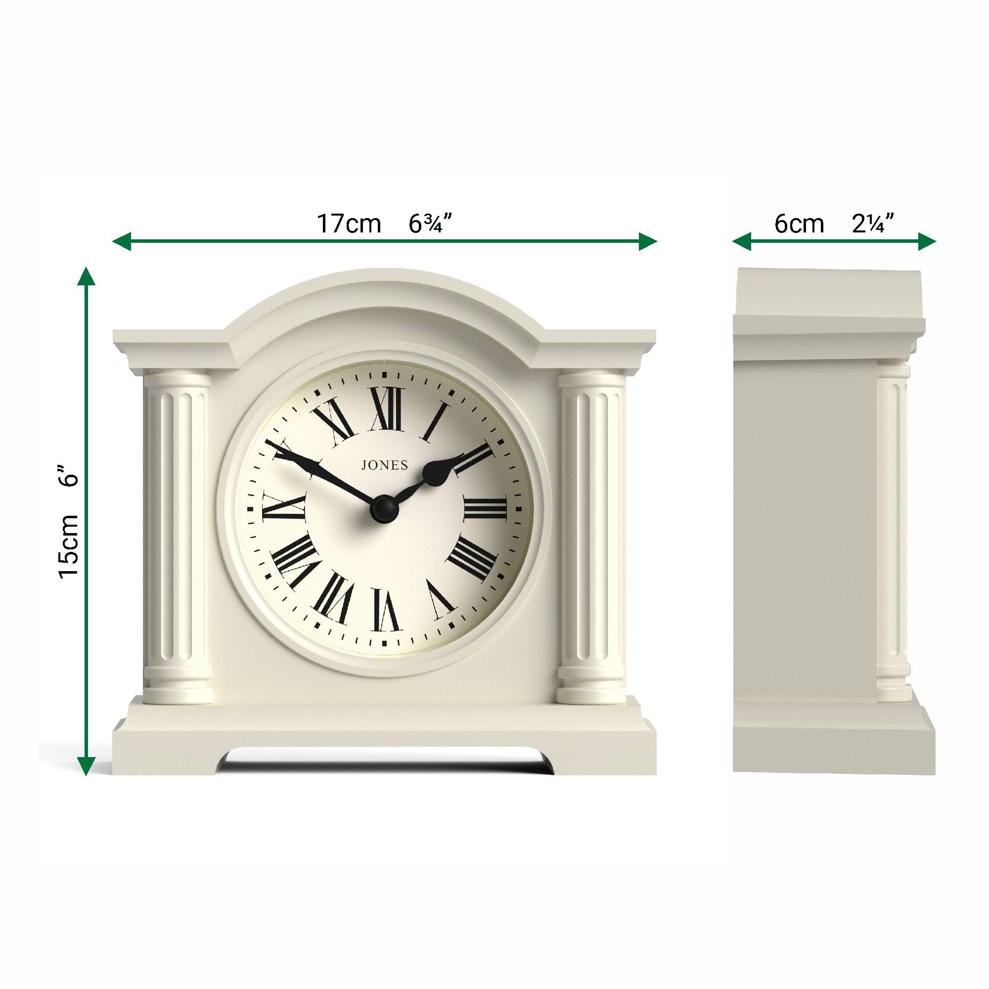 JONES CLOCKS® Kensington Reloj de repisa | Pequeño Reloj clásico de Arco Superior | Crema pálida | Estiloso y contemporáneo | Ideal para Escritorio, repisa de Chimenea, estantería o mesilla