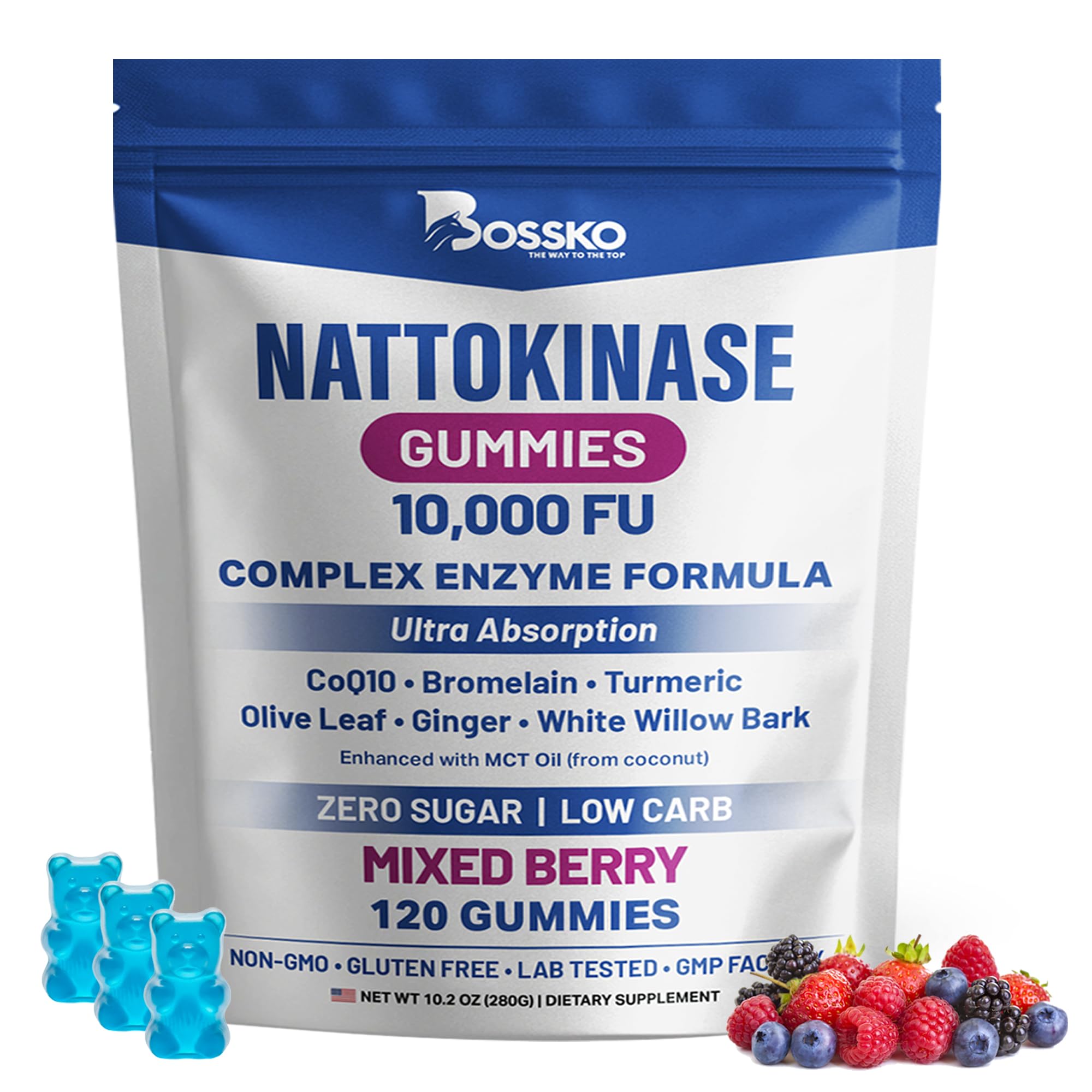 Bossko Nattokinase Gummies 10,000 FU, 7-in-1 Enzyme Formula with CoQ10, Bromelain, Turmeric, Ginger, Olive Leaf & White Willow Bark, Cardiovascular Support, Zero Sugar, MCT Oil, 120 Gummies
