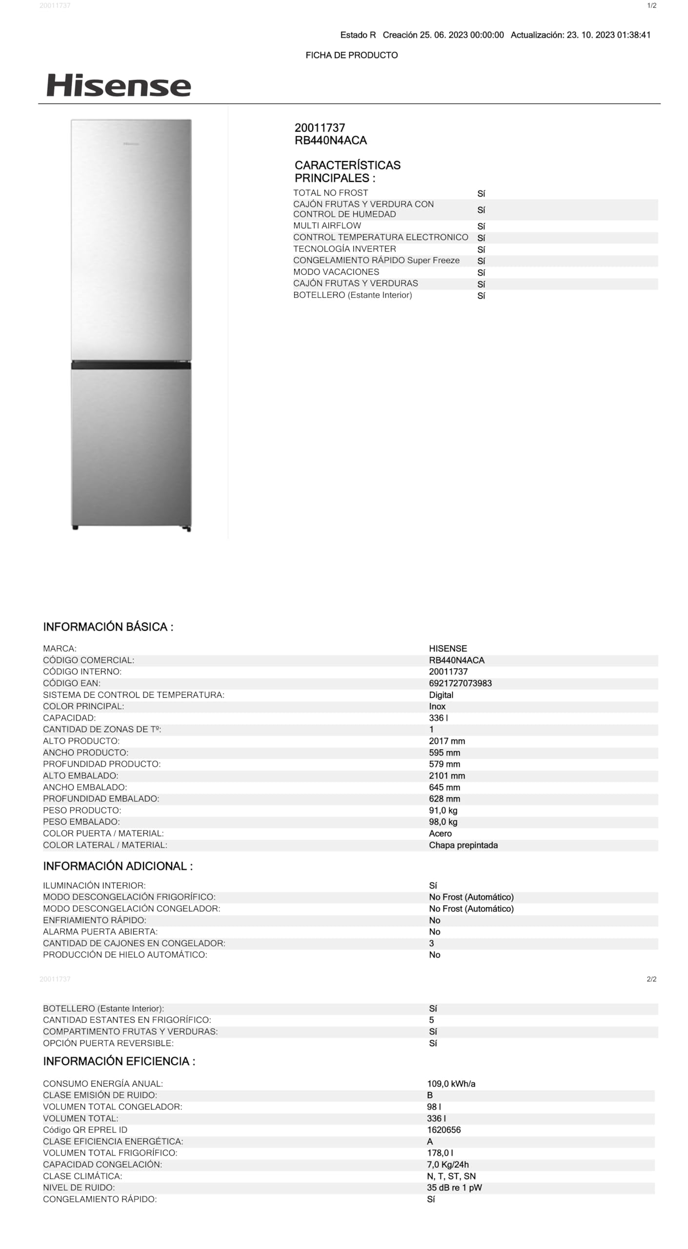 Hisense RB440N4ACA - Frigorífico Combi, Eficiente Clase A, Capacidad 336 L, Multi-air Flow, Micro Vents Cooling, Congelamiento Rápido, Total No Frost, Puerta Reversible, Color Inox