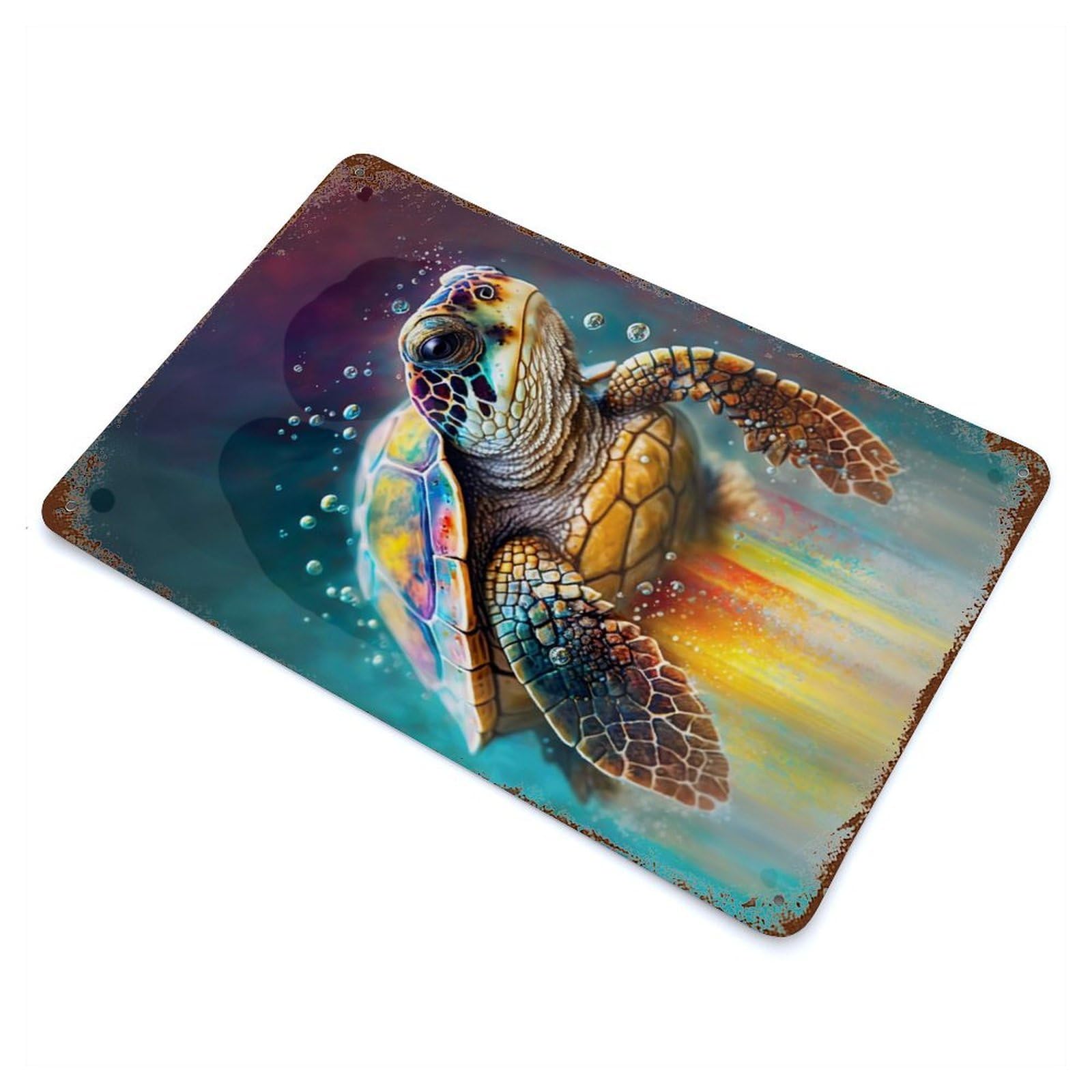 Rust Effect Turtle Watersketch Aged Metal Wall Plaque 11.8"x7.9", Rustic Home Decor for Bistro, Counter And Cafe Decor