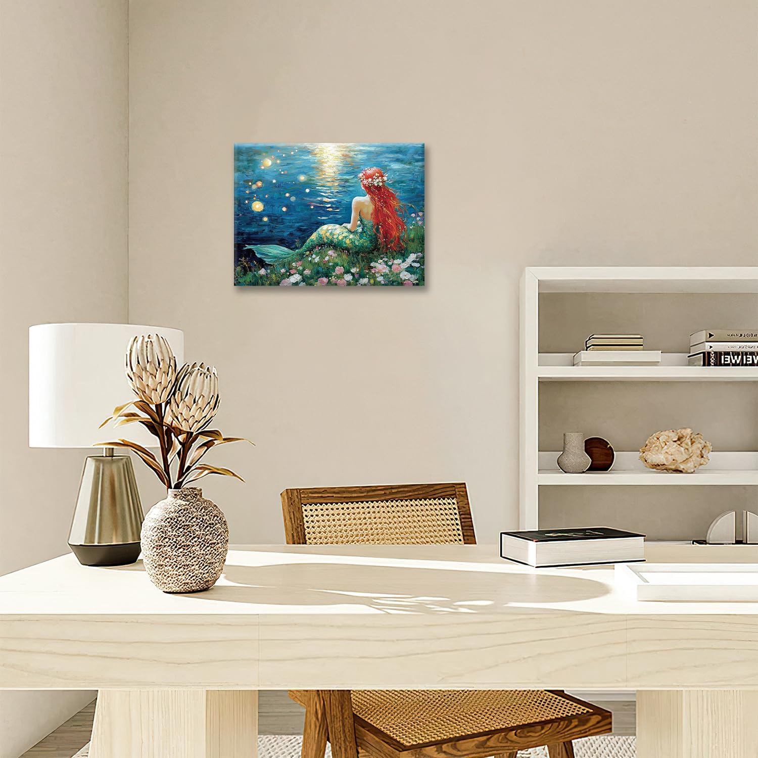 Mermaid Wall Art, Mermaid Pictures Wall Decor, Blue Ocean Canvas Prints Painting, Moon Night Framed Artwork for Bathroom Girls Bedroom Living Room Home Decoration 16"x12"