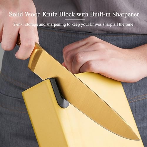 Miniatura 4 de Juego de cuchillos de cocina dorados, 8 piezas con revestimiento de titanio, aptos para lavavajillas, juego de cuchillos dorados de madera con