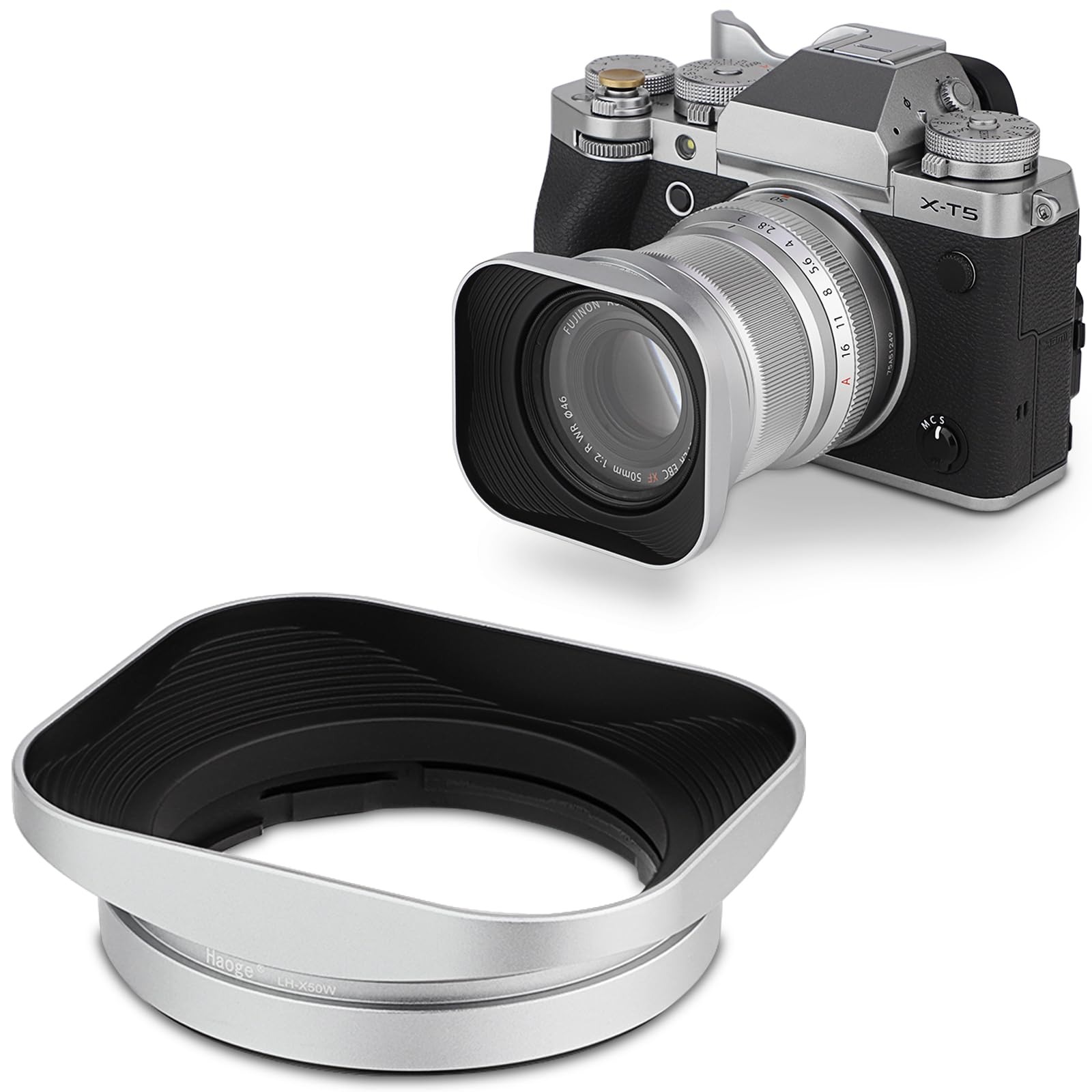 Haoge Bayonet Square Metal Lens Hood for Fujifilm Fuji Fujinon XF 50mm F2 R WR Lens Silver LH-X50W, on XPro3 X-T50 XT5 X-T4 X-T30 X-T3 X-E4 X-A5 X-A20 X-E3 X-H2
