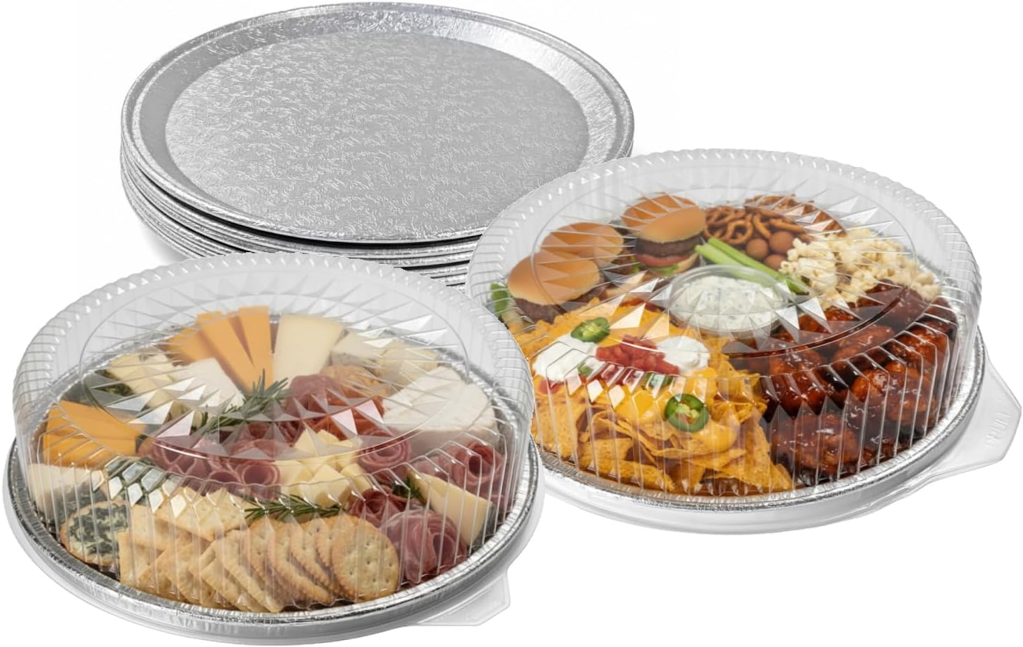PACTOGO 18" Round Flat Aluminum Foil Cater Trays with Clear Dome Lids - Disposable Stackable Serving Platters for Parties, Holidays, Events, and Buffet (Pack of 5 Sets)