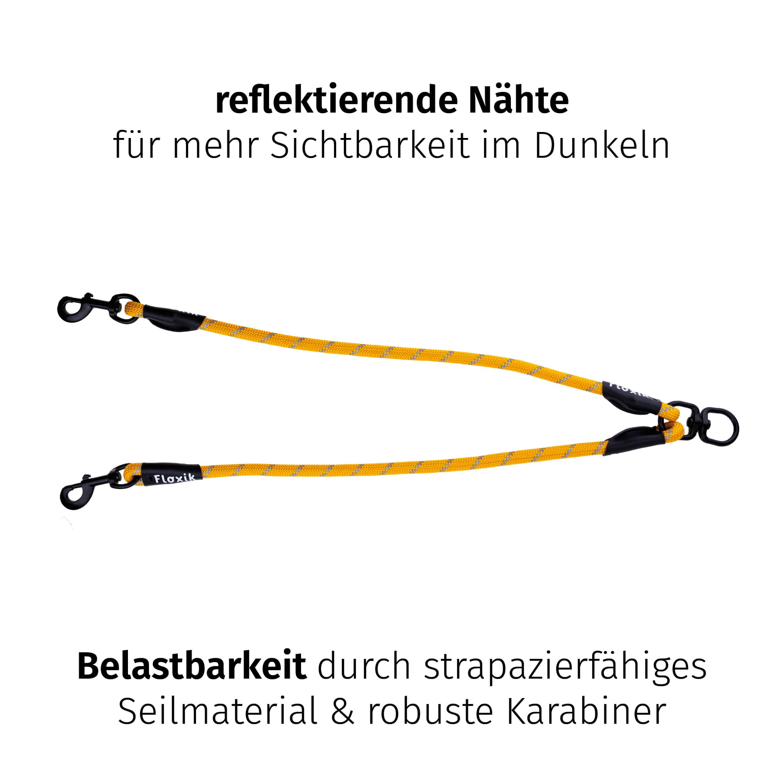 Floxik Laisse double pour 2 chiens gris/orange - Réfléchissante, extensible et anti-enchevêtrement - Laisse double pour chien à coupler - Parfaite pour les chiens de petite à moyenne taille