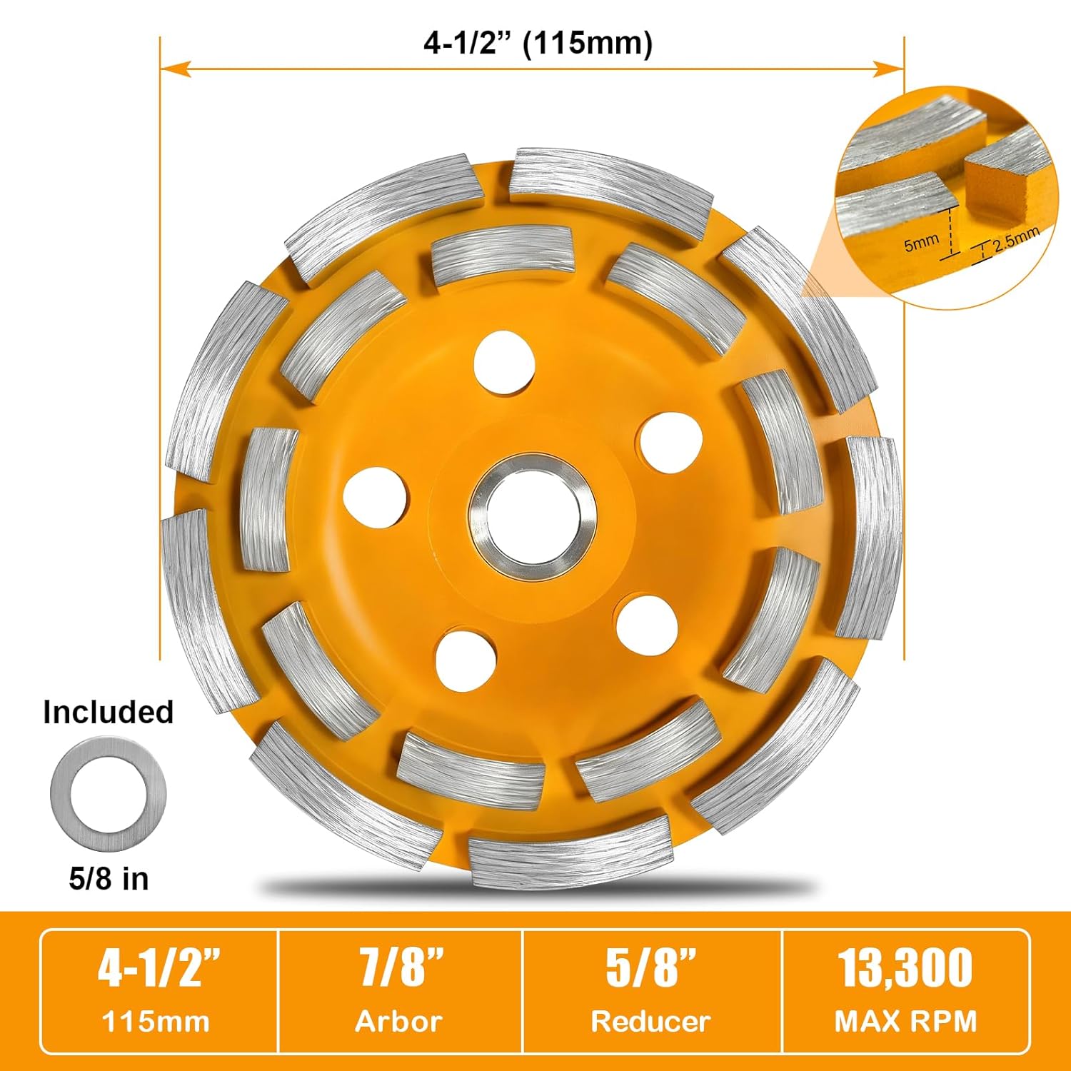 4.5” Double Row Diamond Grinding Cup Wheel for Angle Grinder, Concrete Grinding Wheel with 18 Segments for Grinding & Polishing Concrete, Masonry, Granite, Marble, 7/8” Arbor with 5/8” Reducer