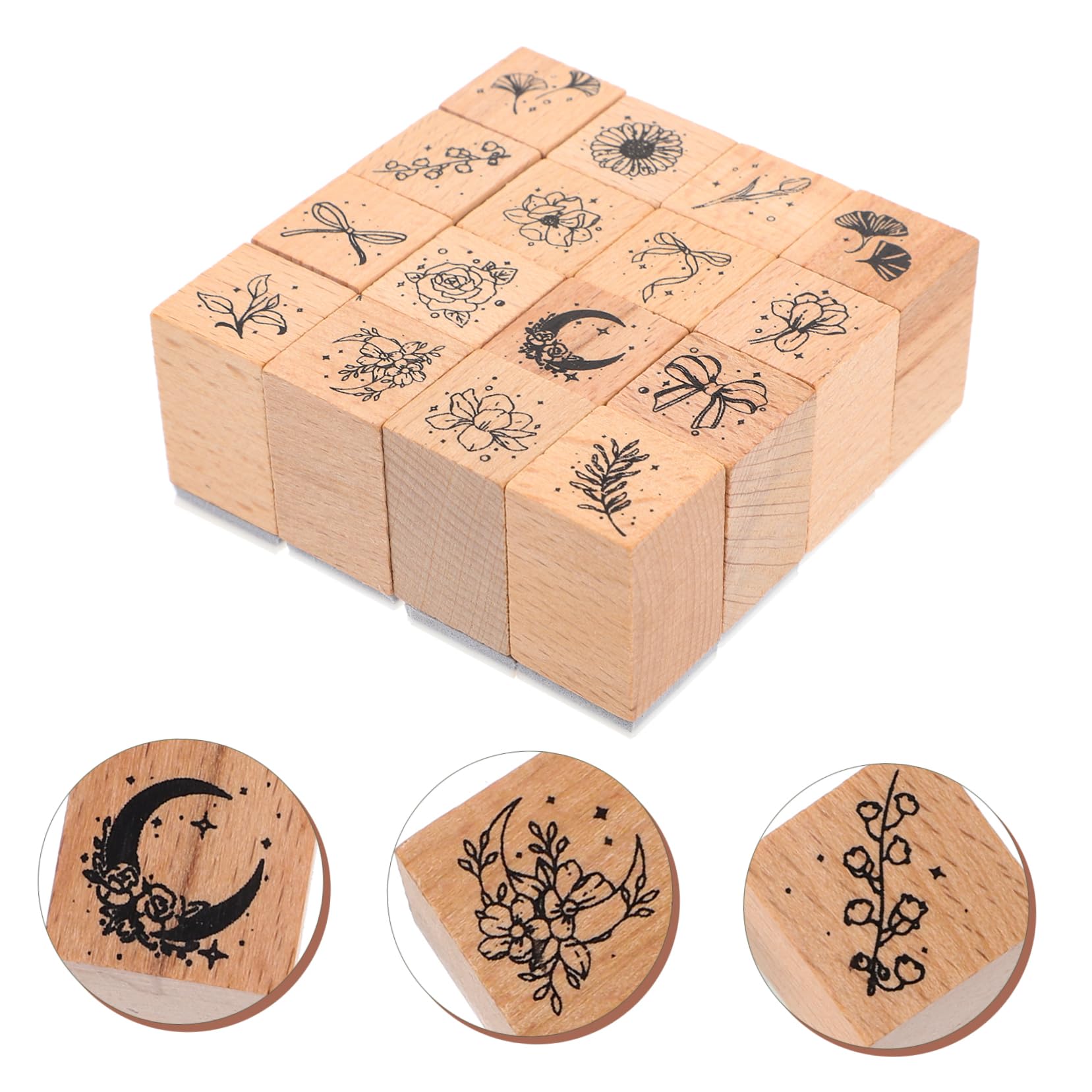 NUOBESTY 5 Set Timbri Per In Legno Collezione Di Fiori E Piante Serie Di Timbri Retrò Set Di 16 Timbri Di Prima Classe Etichette Kit Per La Creazione Di Diari Timbri 16 pezzi * 5