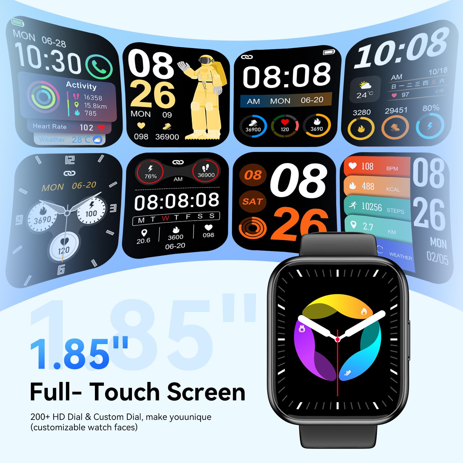 Smart Watch for Men Women, 1.85" HD Fitness Tracker with Bluetooth Calls, 120+ Sport Modes Fitness Watch, Fitness Tracker 24/7 Heart Rate/Sleep Monitor, IP68 Waterproof, Smartwatch for Android/iPhone