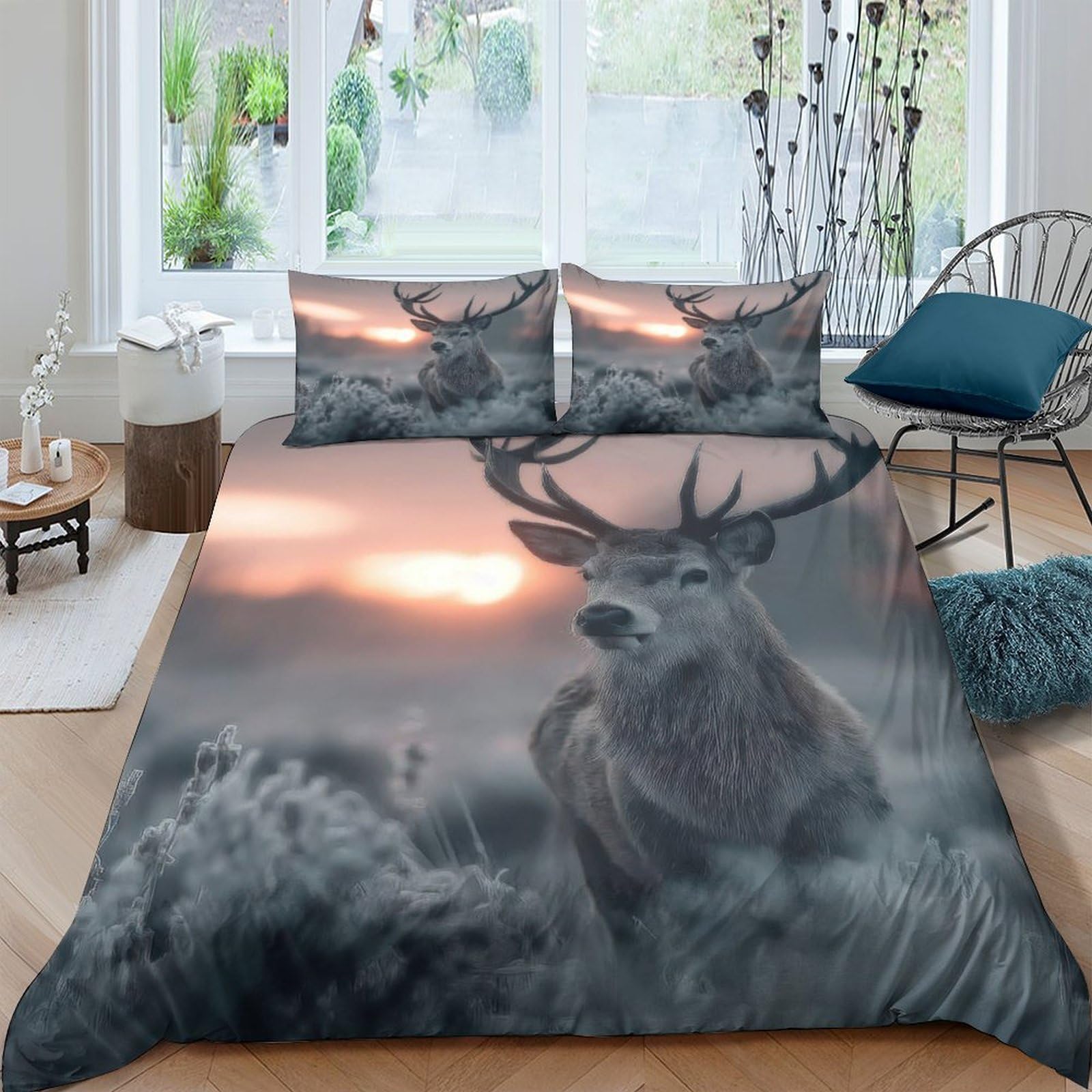 Ctjqhvkz Style-3 3D Printed Forest Deer Fitted Sheet Microfiber Soft Breathable Sunset Wilderness Mattress Cover Bedroom Decor Single（135X200cm）