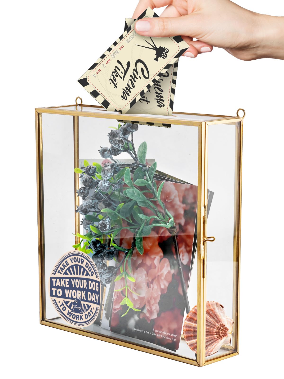 Homtone Boîte en verre pour cartes de mariage 20x20 cm Doré Avec fentes Présentoir Vintage pour Cartes Photos Avec vue claire boite mariage Pour réceptions Présentoir de fleurs séchées