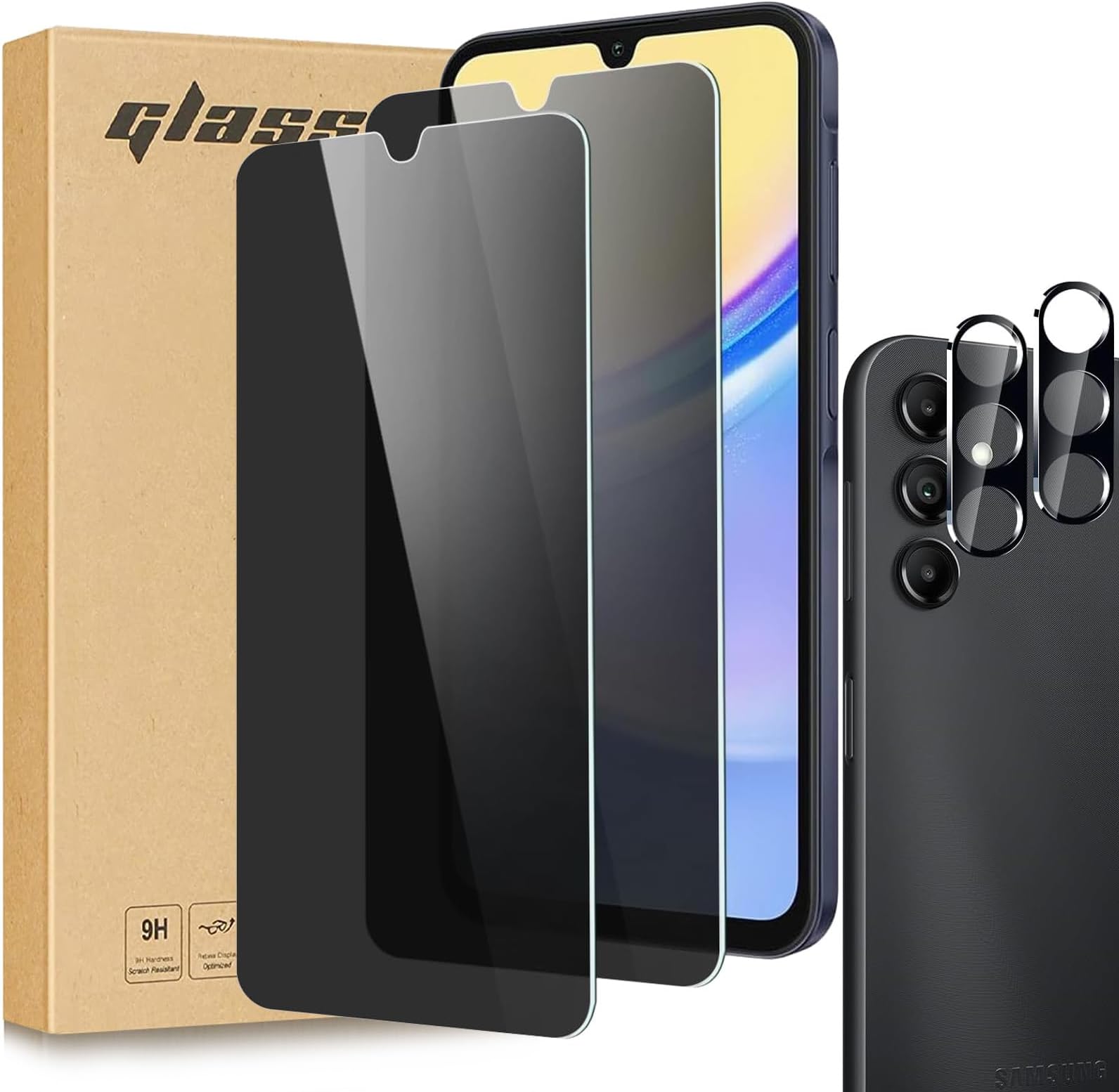 【2+2 for Samsung Galaxy A15 5G Tempered Glass Privacy Screen Protector with Camera Lens Protector ，Scratch-resistant, Bubble-free, Easy Installation