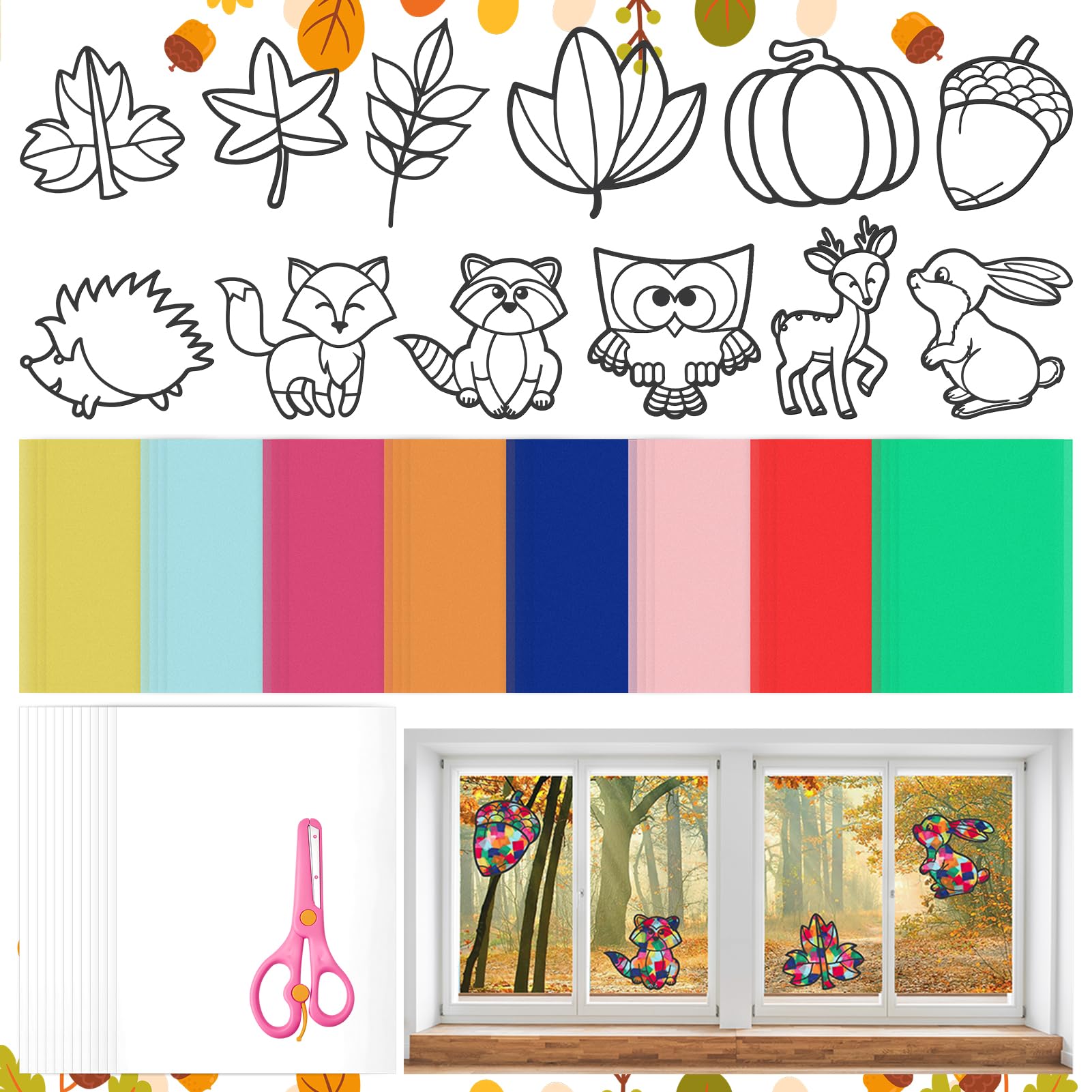 Vordpe Herbst-Bastelset Für Kinder – 12 Vorlagen, Buntes Papier, Schere, DIY-Fensterbilder Für Halloween & Weihnachten