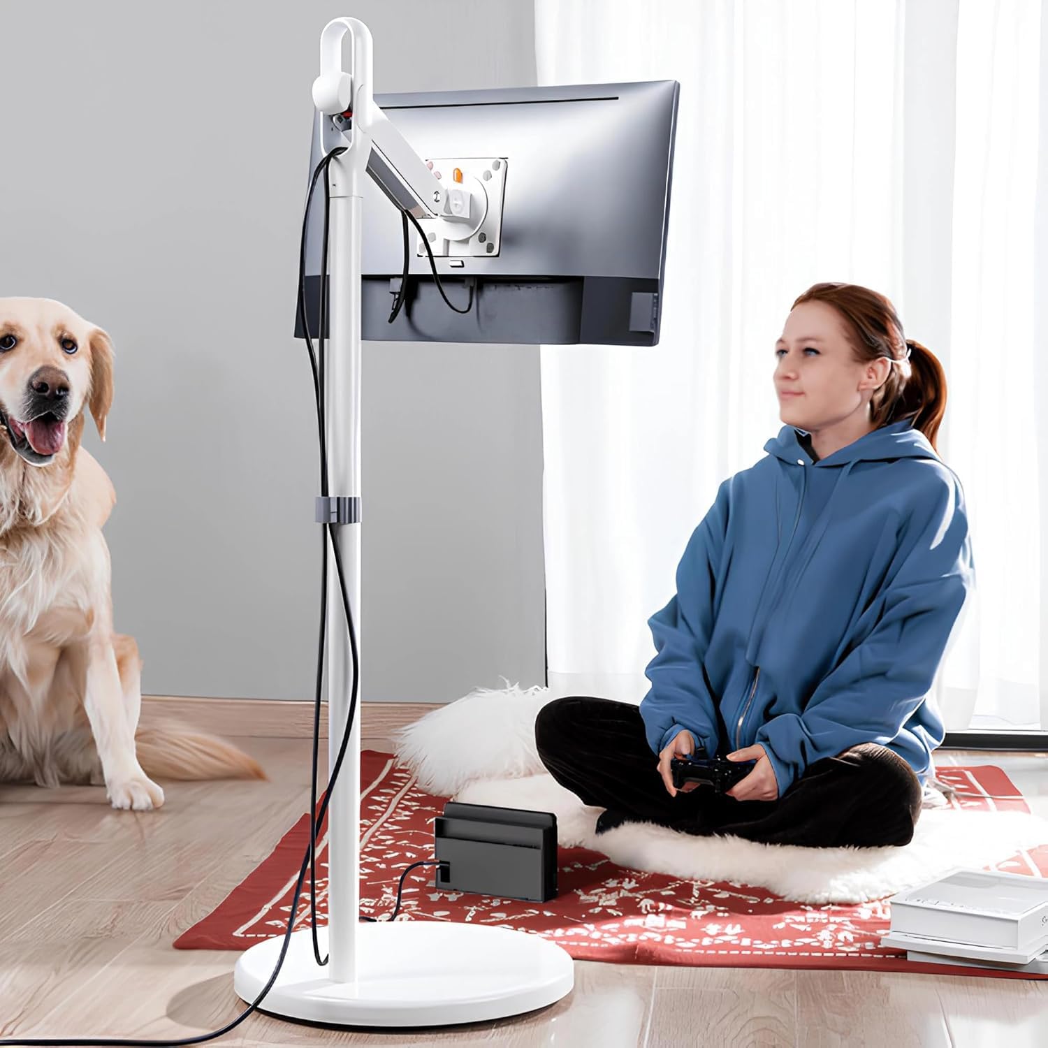 Spacetronik Mobiler TV Ständer Rollbar für 17–35 Zoll Monitor & Fernseher | Mobiler TV Standfuss höhenverstellbar mit 360° Drehung, Kabelmanagement & Federmechanismus, VESA, Traglast 10kg