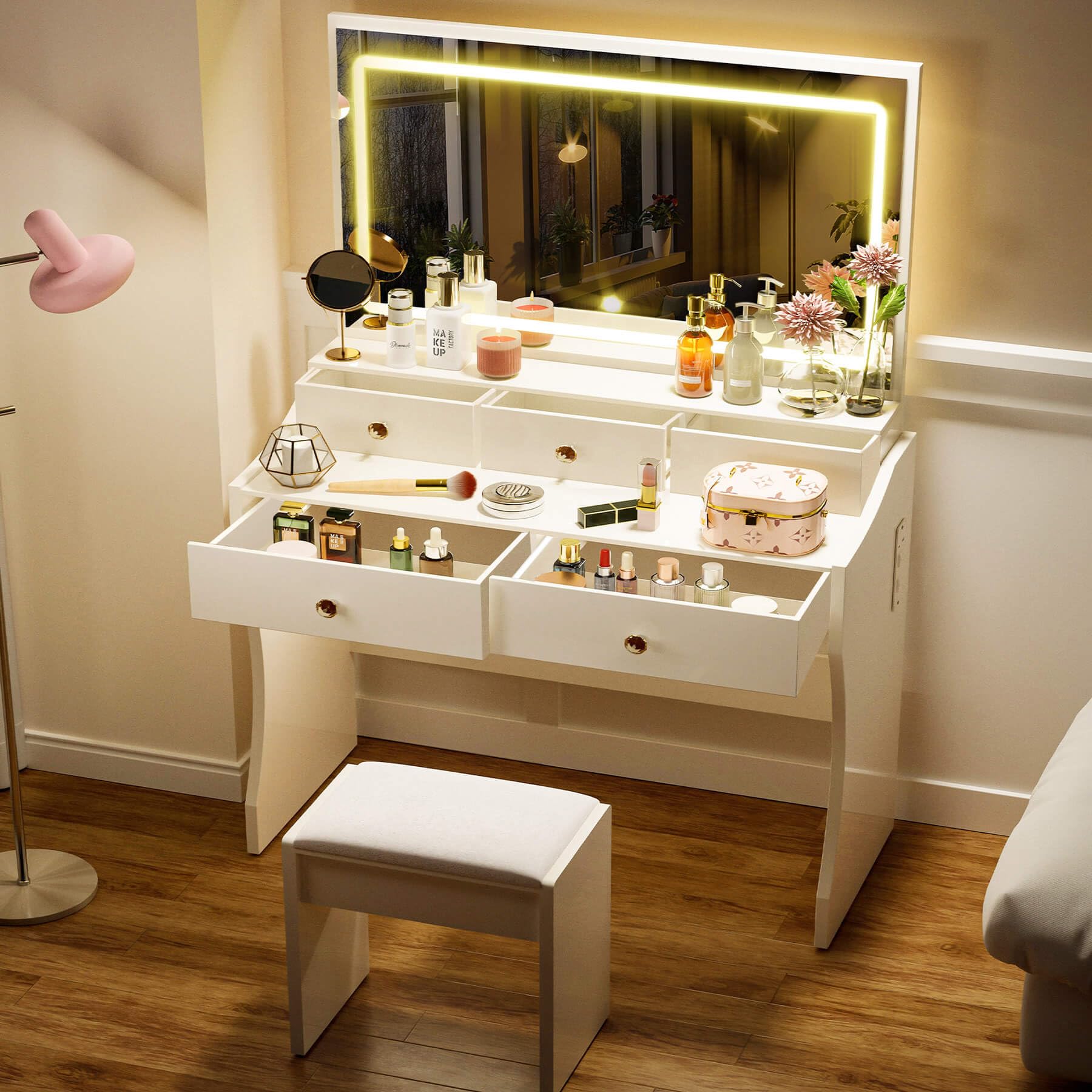 COMHOMA Makeup Vanity Desk with Mirror and Lights, Vanity Table and Chair Set with 5 Drawers and Charging Station, Bedroom Dresser LED Mirror Stepless Dimmable & 3 Color Modes Adjustable, Pearl White. (Missing hardware) Can be purchased online