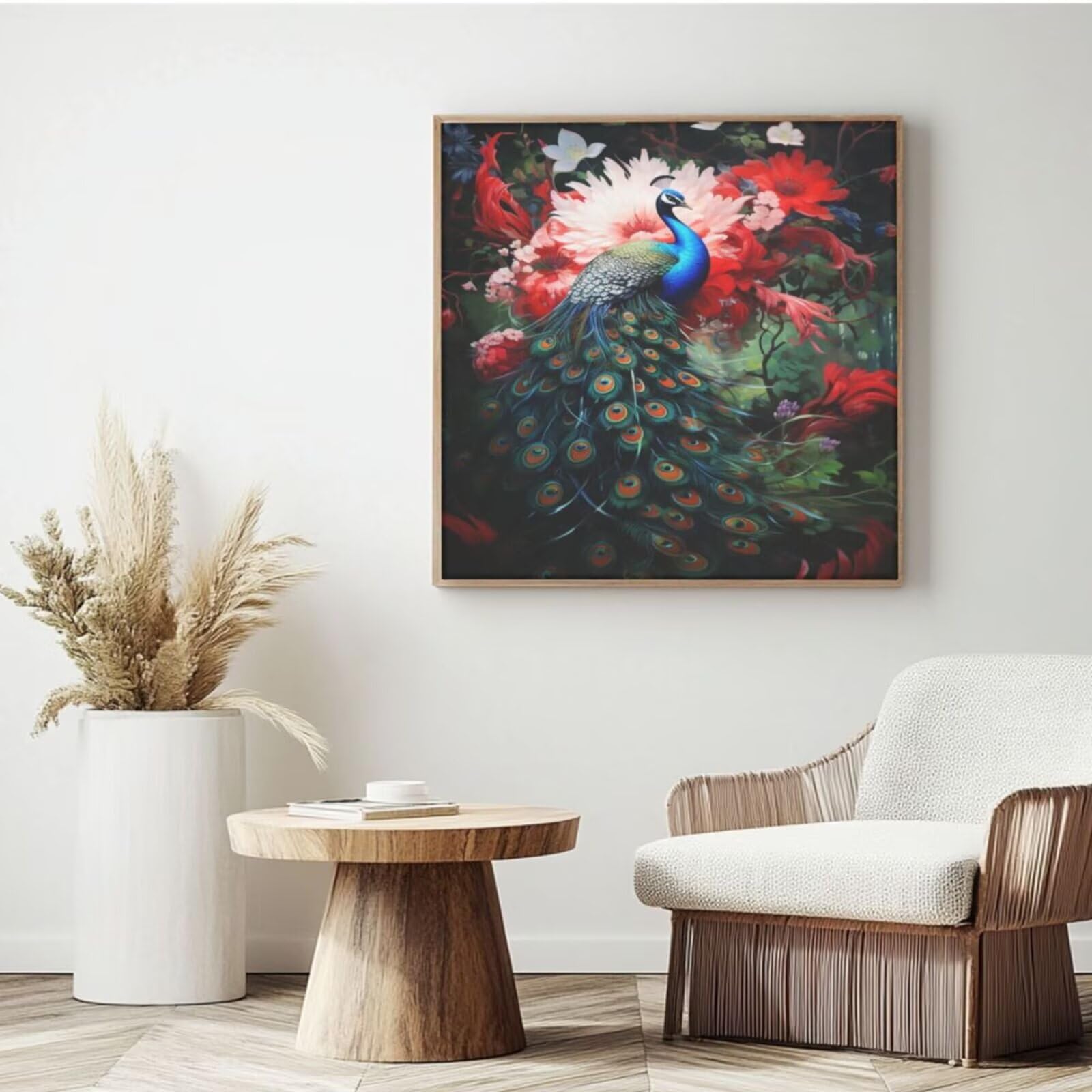Malen nach Zahlen Erwachsenen-Set, Pfau, Blume, Malen nach Zahlen für Anfänger, Acryl-Peinture a Numero mit 6 Pinseln, DIY-Ölgemälde, Kunsthandwerk für Wanddekoration – (65 x 65 cm, rahmenlos) MK41