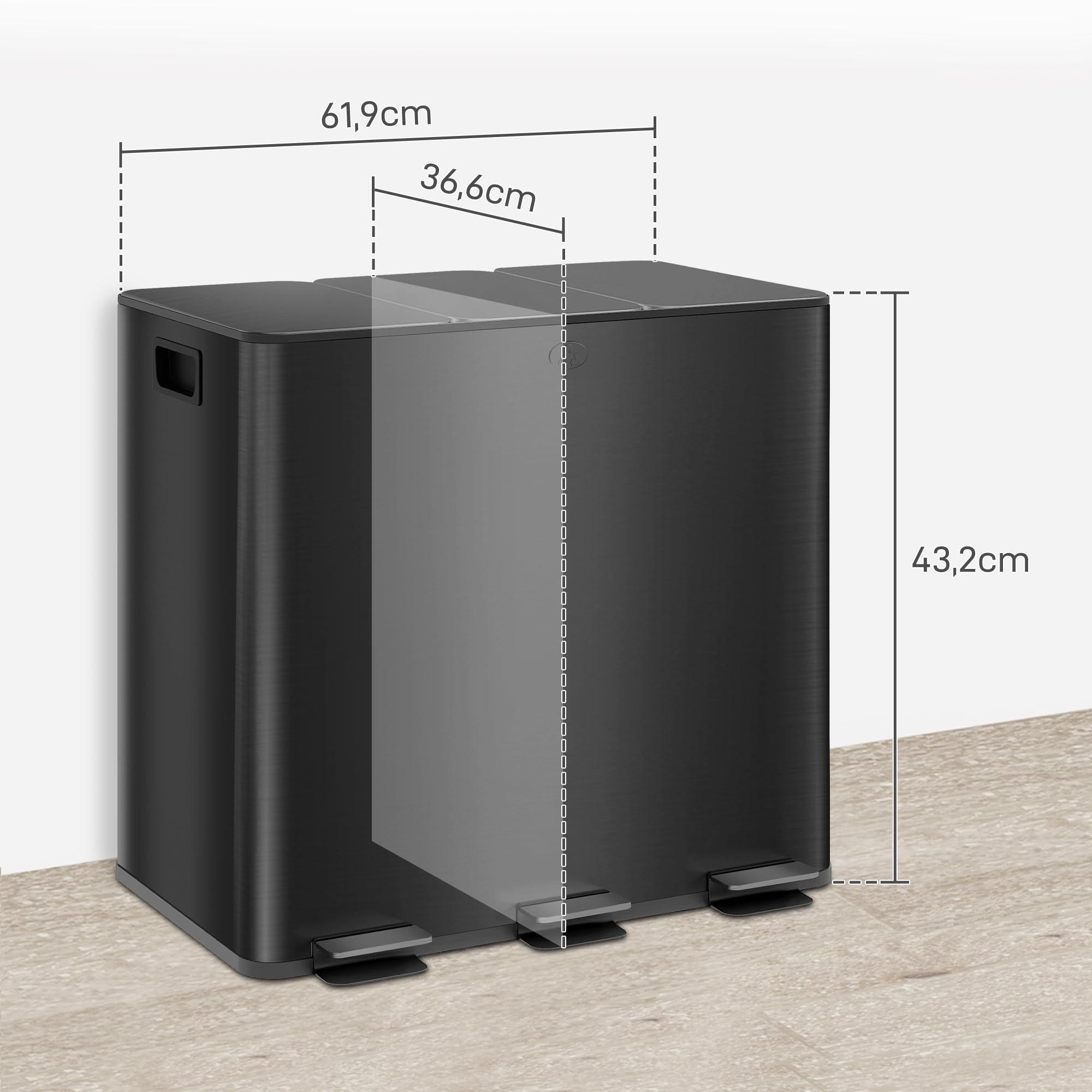 HOMCOM Mülleimer Küche Treteimer 3x15L 61,9x36,6x43,2 cm Schwarz | Softclose-Deckel, Pedal, Mülltrennsystem, 3 Fächer, inkl. Inneneimer, Abfalleimer, Abfallsammler, Edelstahl