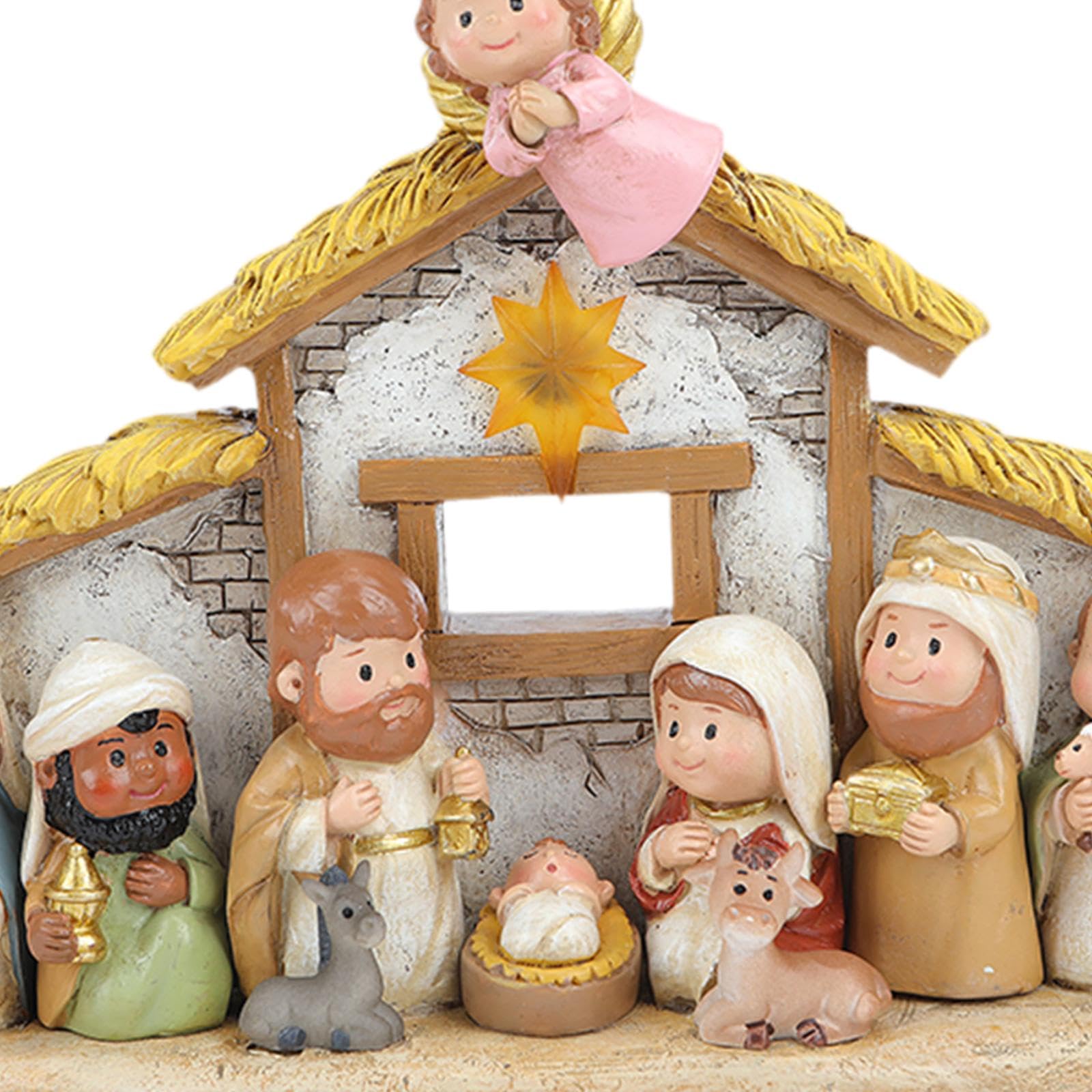 Sharplace Ensemble de crèche de Noël miniature en résine avec décoration lumineuse, sculpture de Noël, joli artisanat décoratif de table, 20,3 x 7,6 x 15,2 cm