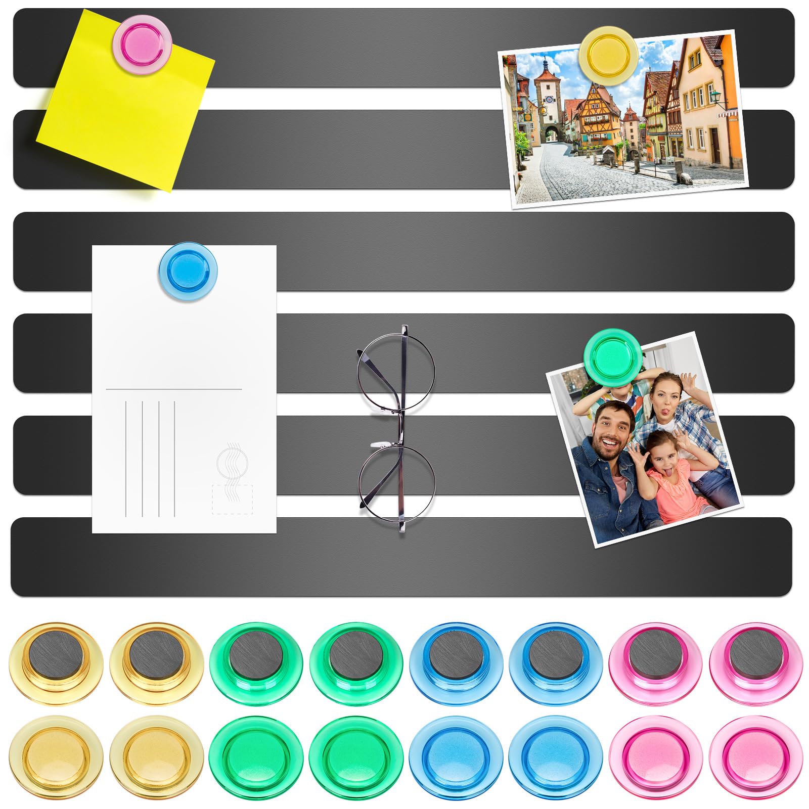 Wukong 6 Pack | 30x3cm(11.81 x 1.18) Magnetic Stainless Black Boards Strips, Adhesive Backing Bulletin Bar Board, Memo Board with 16Pcs Colorful