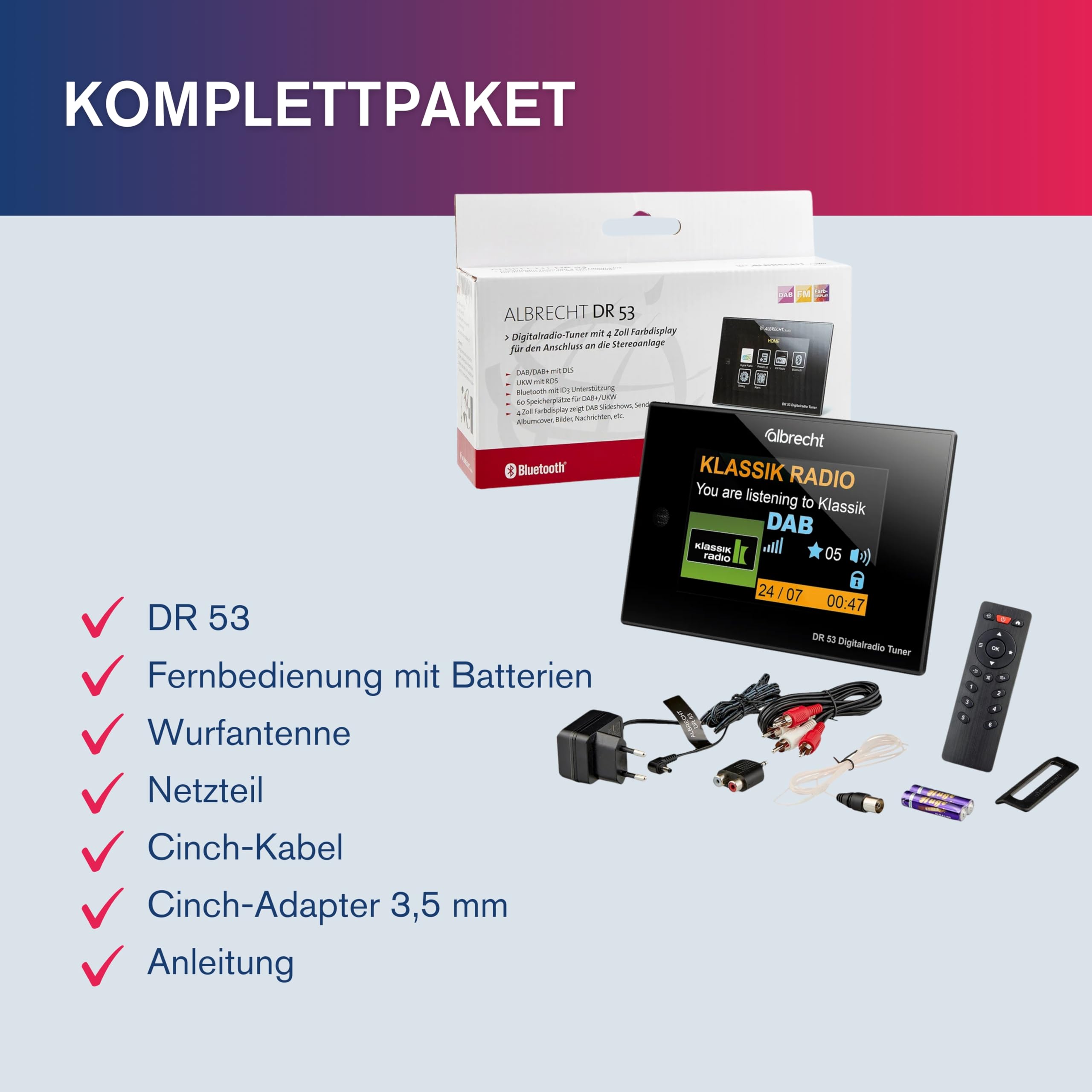 Albrecht DR 53 Digitalradio-Adapter, DAB+, UKW & Musik-Streaming Tuner für Stereoanlagen, 27251, mit Farb-Display & Fernbedienung