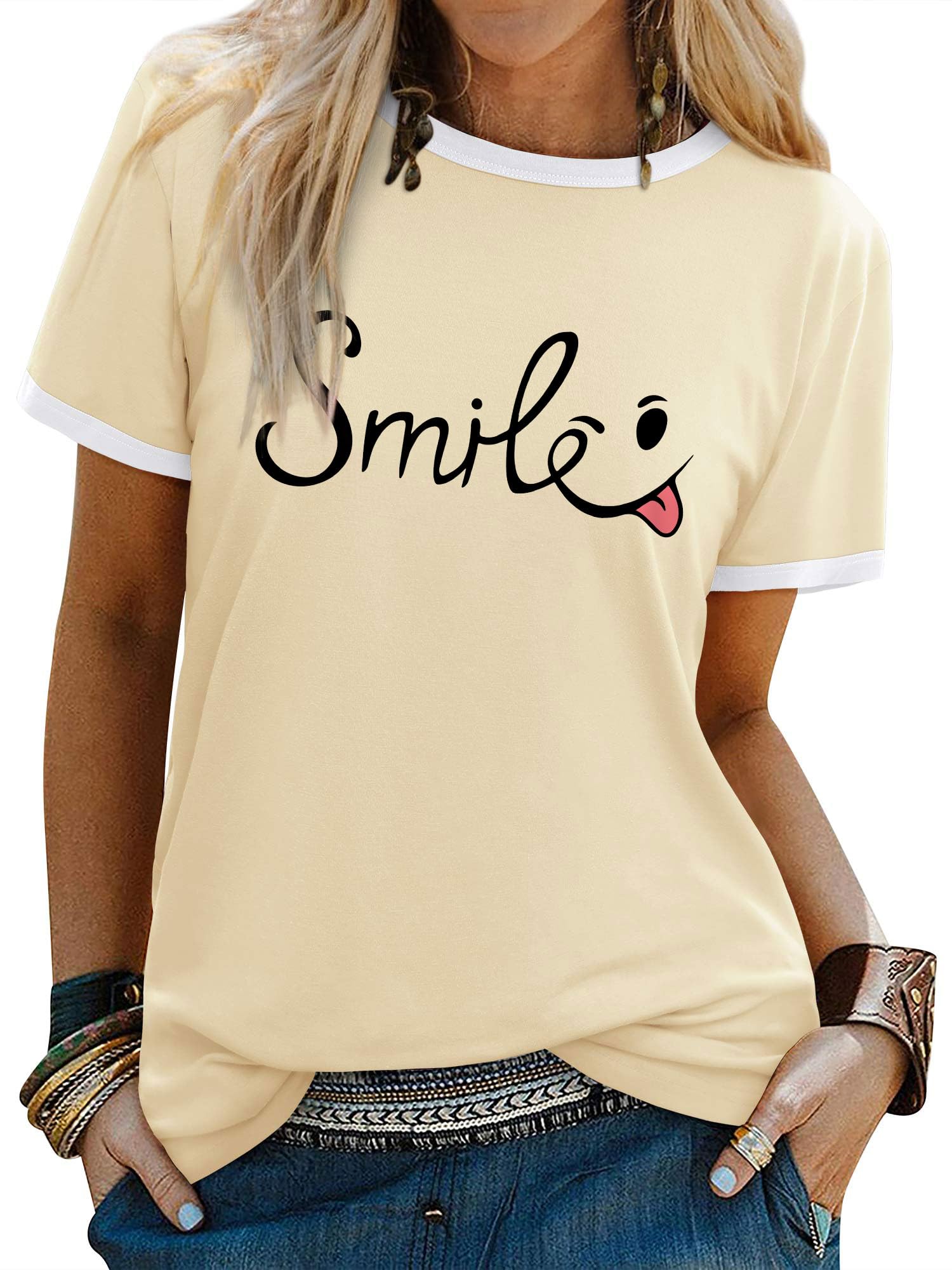 Yihelian Tshirts Frauen Rundhals Top Damen Daisy Print Kurzarm Tee Shirt Sommer Lächeln Brief Gedruckt Shirts
