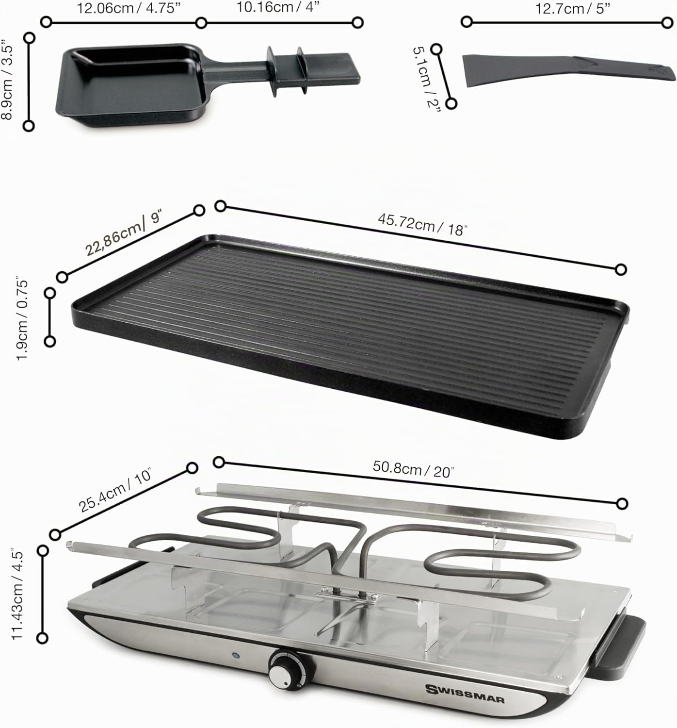 Swissmar Geneva Raclette 8 Personen, Grill mit Pfännchen und Schiebern, antihaftbeschichteter Grillplatte aus Aluminiumguss und 8 Pfännchen, 1400W