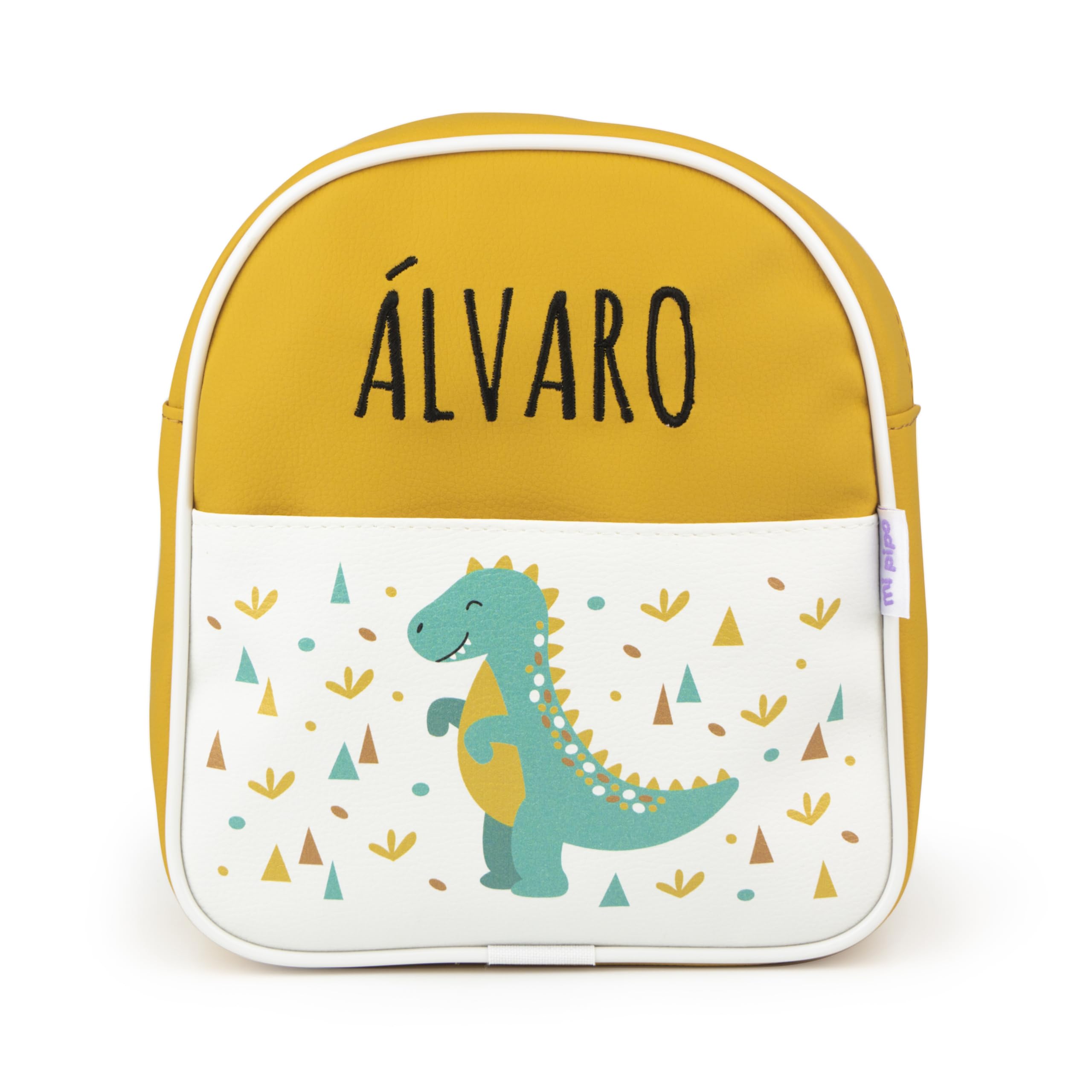 Mochila Bebe Guarderia Personalizada Dinosaurio Mostaza | Mochila Polipiel con Nombre Bordado Personalizado | Mochilas Infantiles con Asas regulables | Fácil Limpieza y Diseño Exclusivo