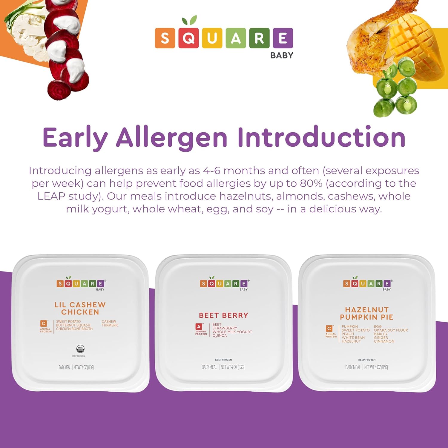 Square Baby Organic Baby Food Purees | Stage 1-3 Variety Pack | Fresh & Dietitian-Designed Veggie-Forward, Balanced Meals | Low Sugar. No Added Sugar | Allergen Intro Options (28 Pack, 4 oz)