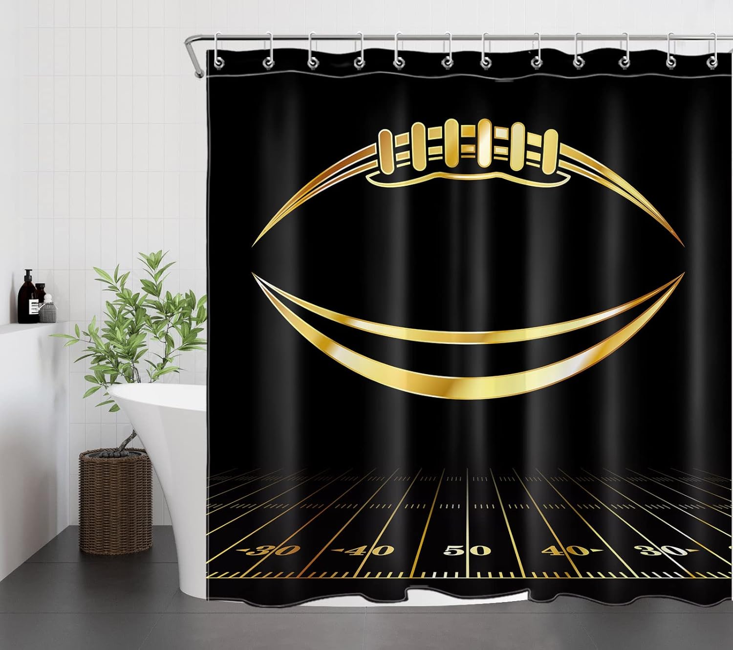 LB American Football Shower Curtain Watercolor Art Sports Game Black Background Cartoon Bathroom Curtain Home Decorative Polyester Fabric with Hooks,72x78 Inch