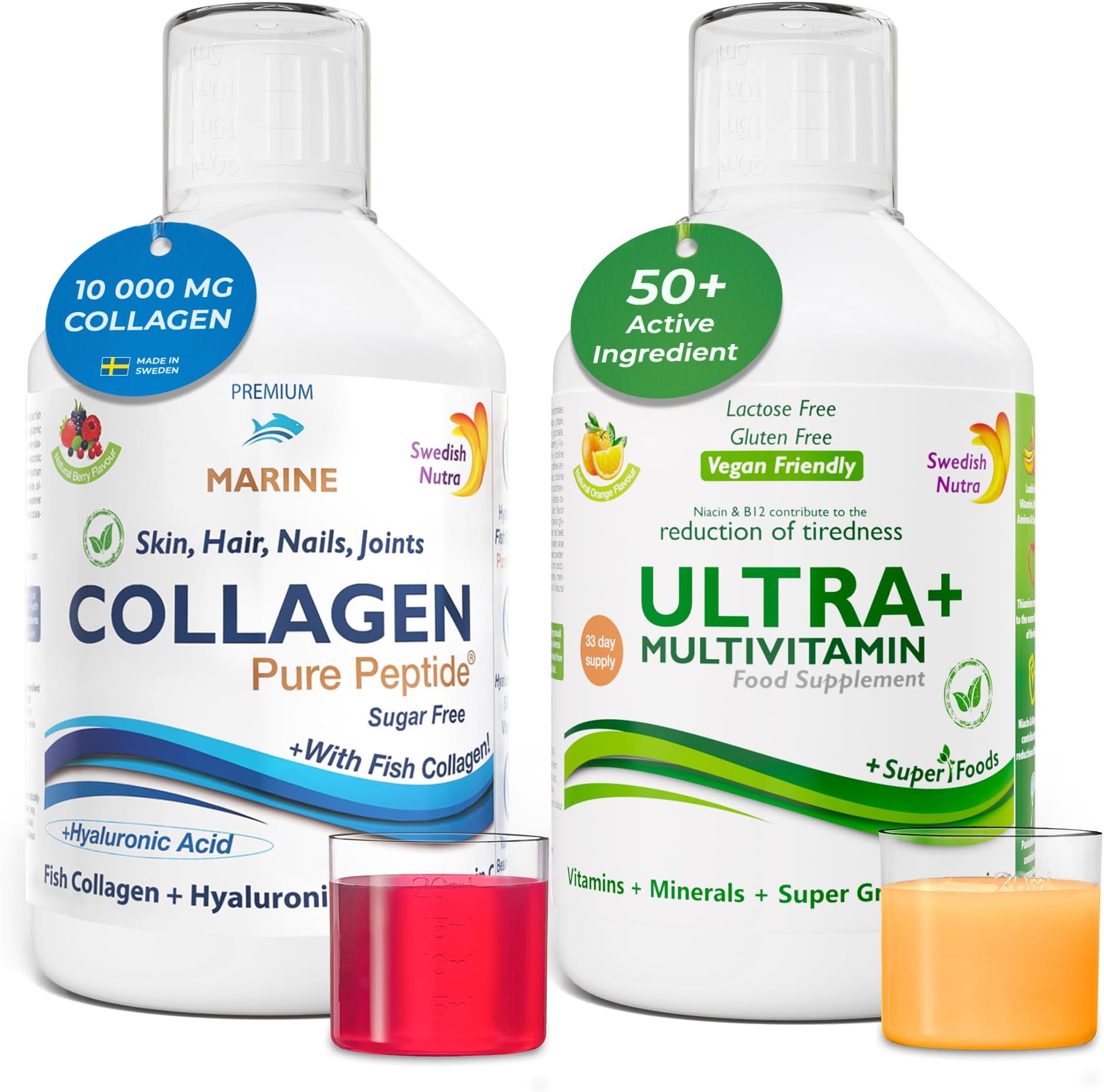 Swedish Nutra - Hydrolyzed Marine Collagen & Ultra+ Multivitamin Liquid Supplements | Peptide, Vitamins & Greens to Boost Skin, Hair, Nails, Joints, Energy & Immunity | Natural Flavours