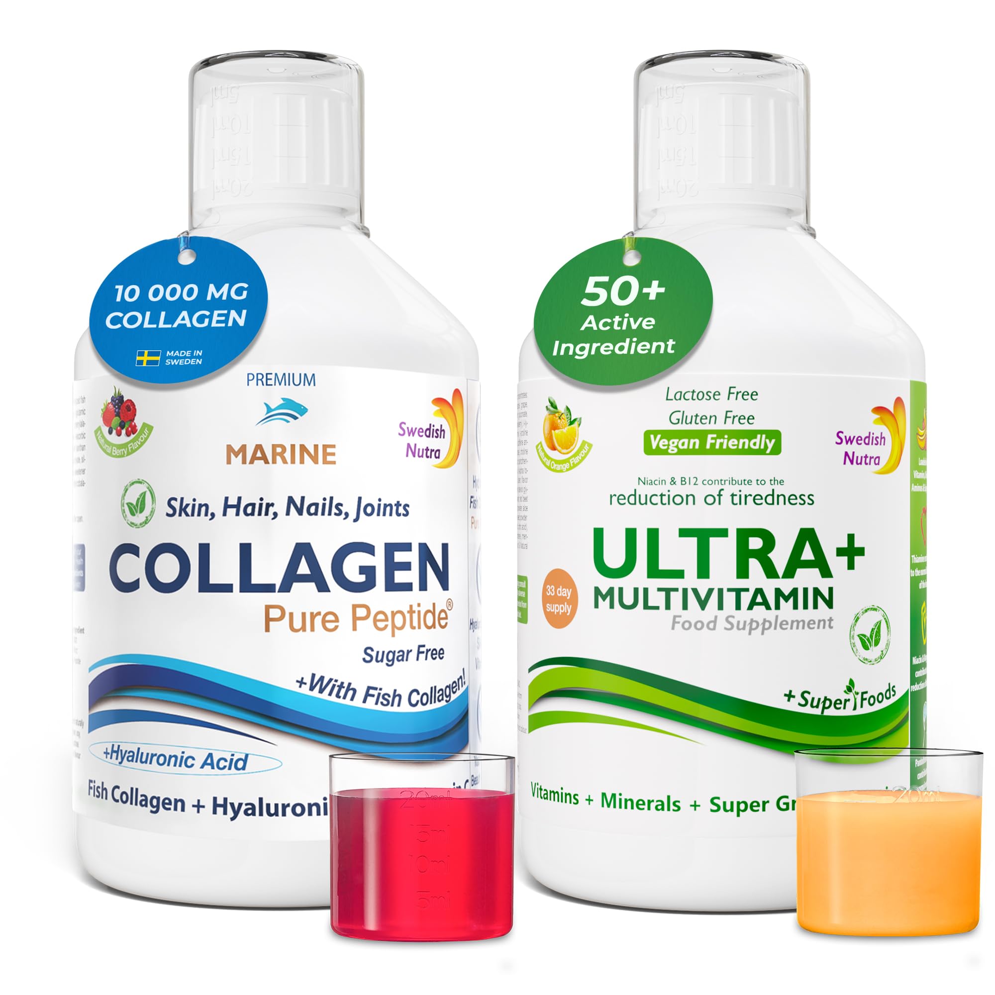 Swedish Nutra - Hydrolyzed Marine Collagen & Ultra+ Multivitamin Liquid Supplements | Peptide, Vitamins & Greens to Boost Skin, Hair, Nails, Joints, Energy & Immunity | Natural Flavours